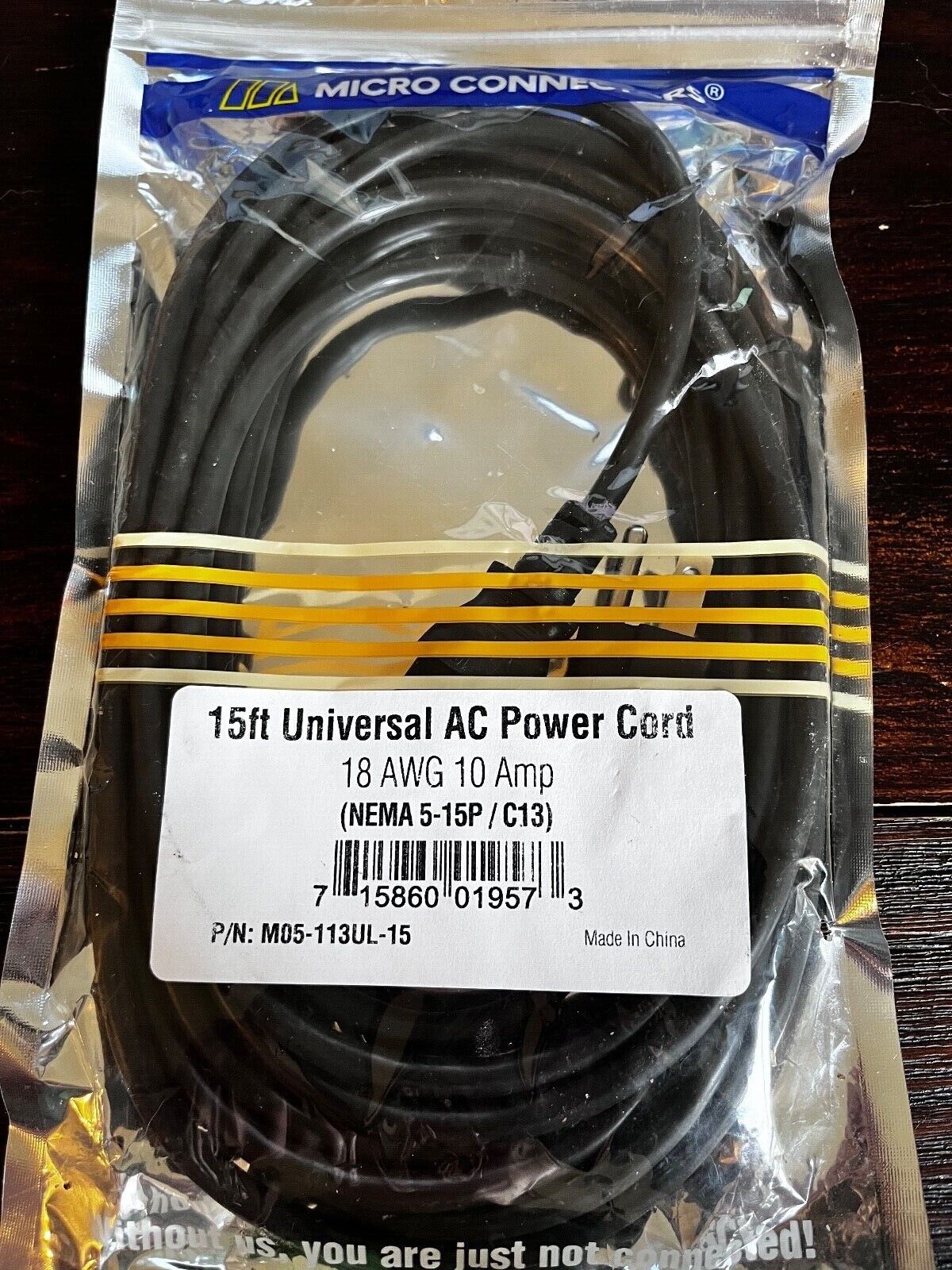 Micro Connectors, Inc. 15 feet Universal AC Power Cord UL Approved M05-113UL-15