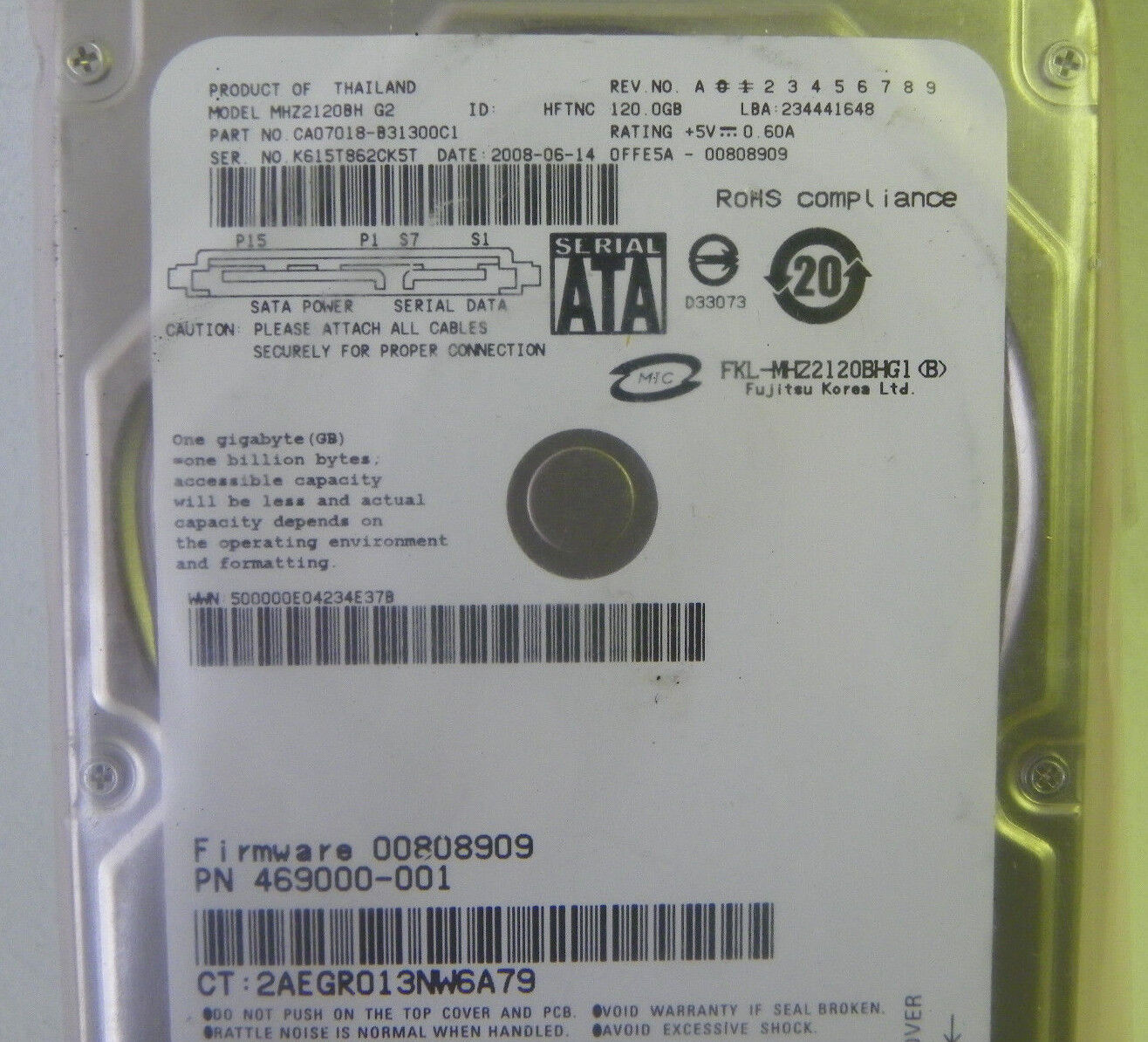Fujitsu MHZ2120BH P/N CA07018-B31300C1 FW:00808909 Laptop 120GB SATA Hard Drive