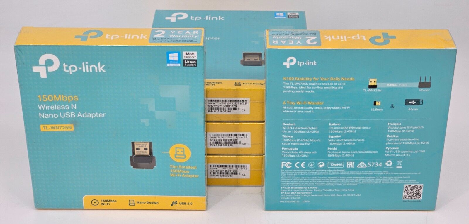 LOT OF 5 - TP-Link TL-WN725N 150Mbps Wireless N Nano USB Adapter Dongle - NEW