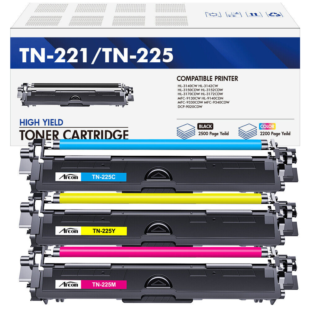 3-Pack TN221 C/M/Y Toner Compatible With Brother TN-225 HL-3170CDW MFC-9130CW