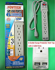 6 Outlet Power Strip Surge Protected 2 USB Charger Port, 900 Joules, 3 Feet Cord picture