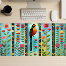 Bird Folk Art Motif Gaming Mouse Pad, Pink Flowers Mousepad, Extended Deskmat picture