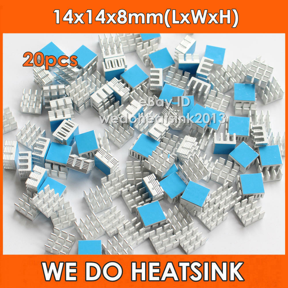 20pcs Silver Small Square 14x14x8mm Aluminum Heat Sinks Cooler With Thermal Tape