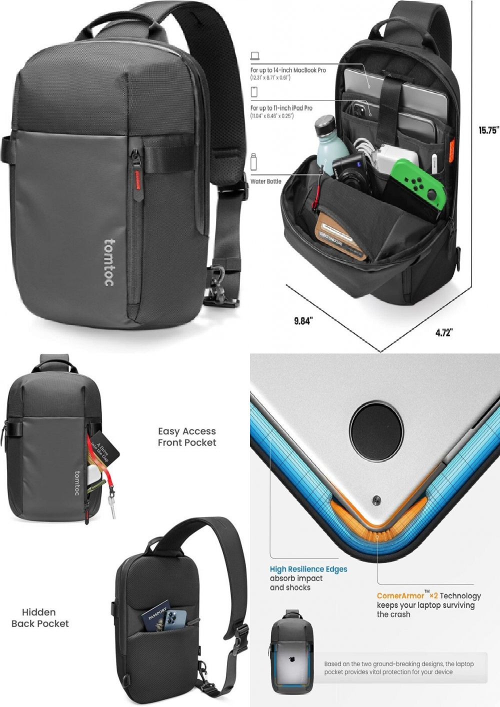 tomtoc 14-inch Compact EDC Sling Bag, Minimalist Chest Shoulder L/9L, Black 