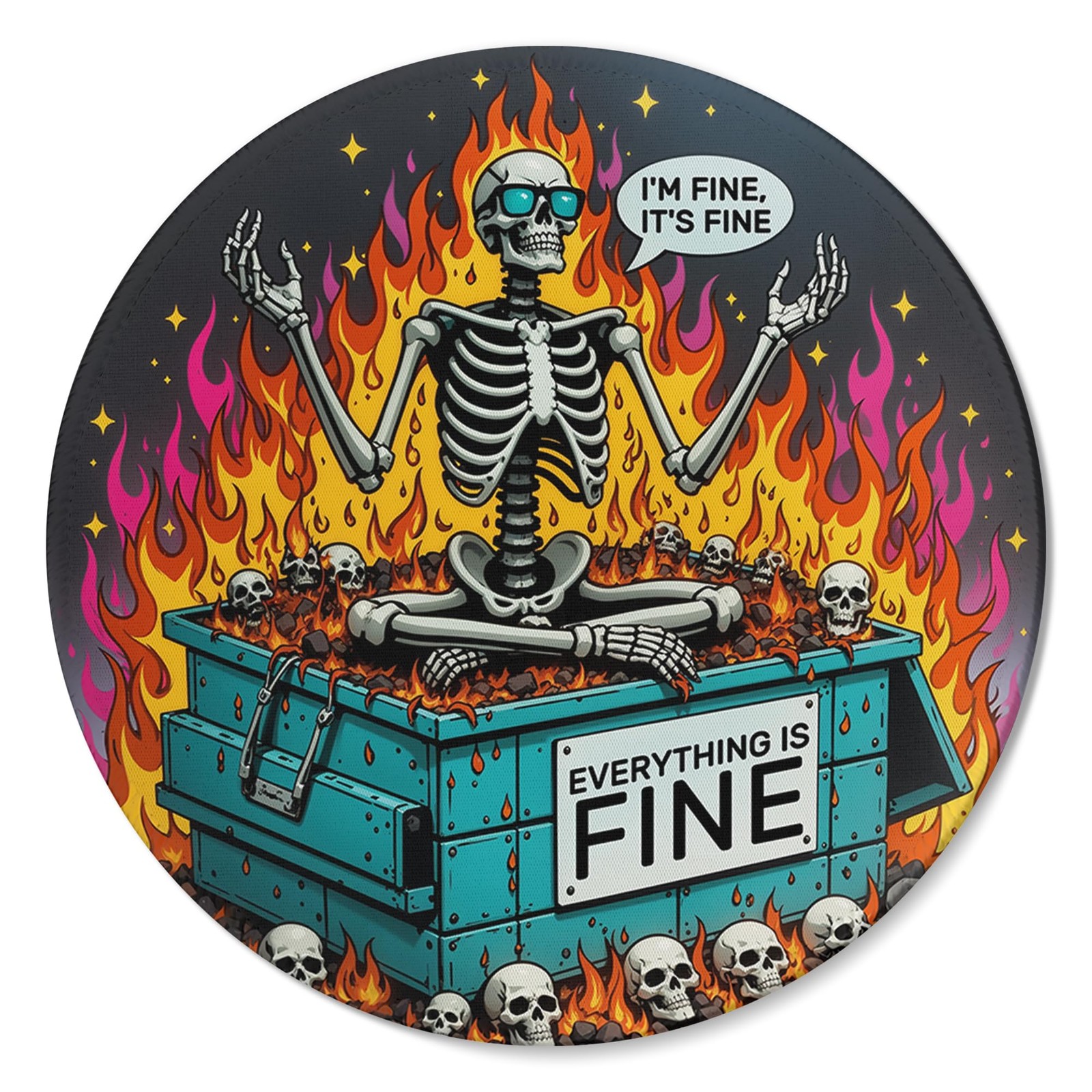 Dumpster Fire Round Pad for Work, Funny Gothic Skeleton Skull I'm Fine Everyt...