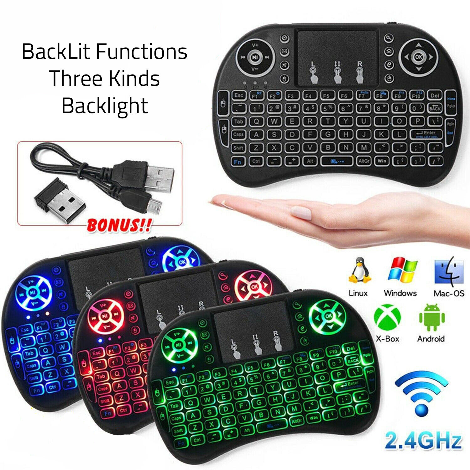 Mini 3 Colors Backlit 2.4GHz Wireless Keyboard Touchpad for TV Box Android PC