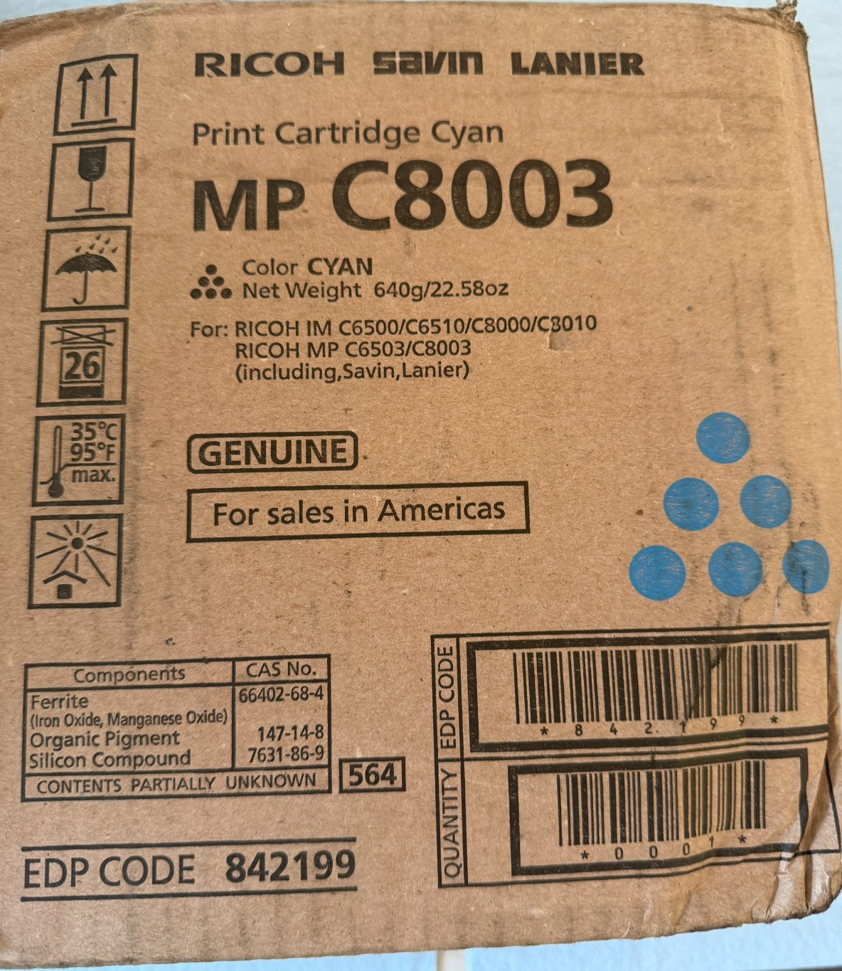 Genuine Ricoh 842199 Cyan Toner Cartridge MP C8003 C6503 OEM - Open Box