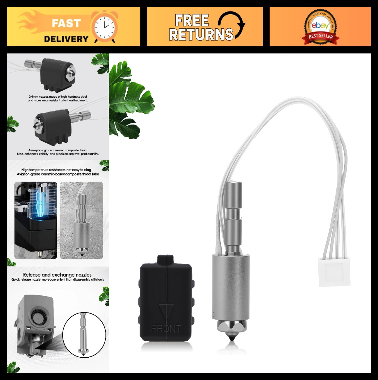 High-Temperature 0.4MM Hotend for 3D Printers, Hardened Steel Nozzle & Heater Bl