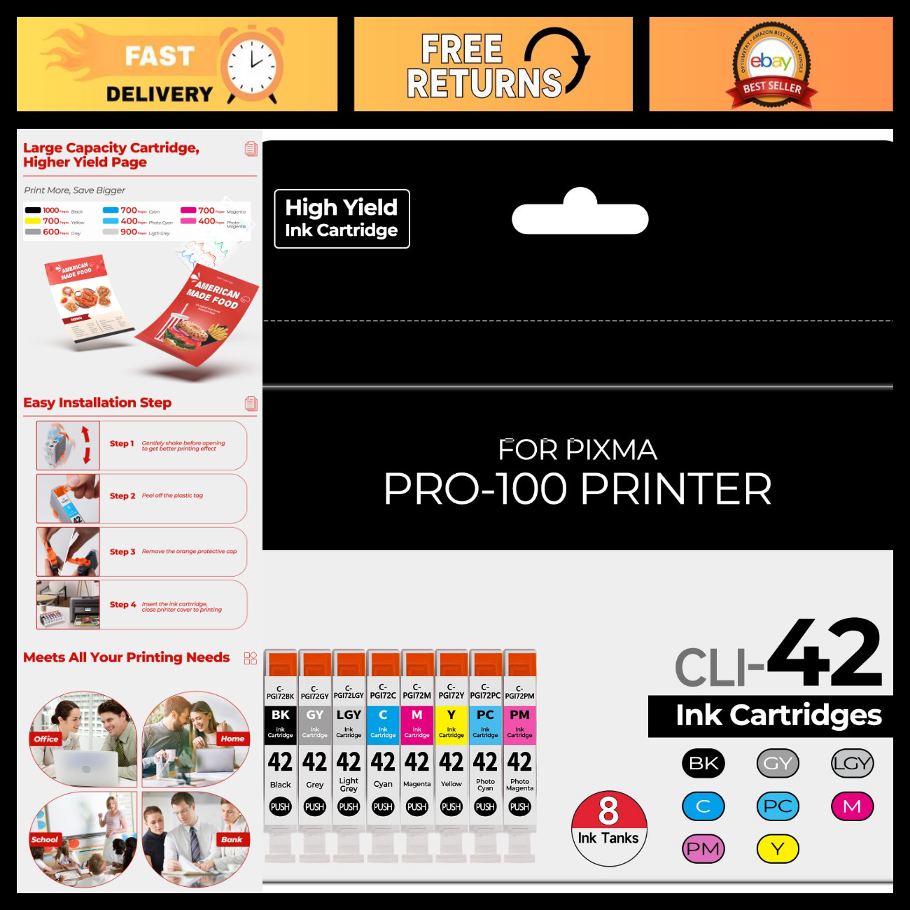 Compatible CLI-42 Ink Cartridge Set for Canon Printers - High Yield, Vivid Color