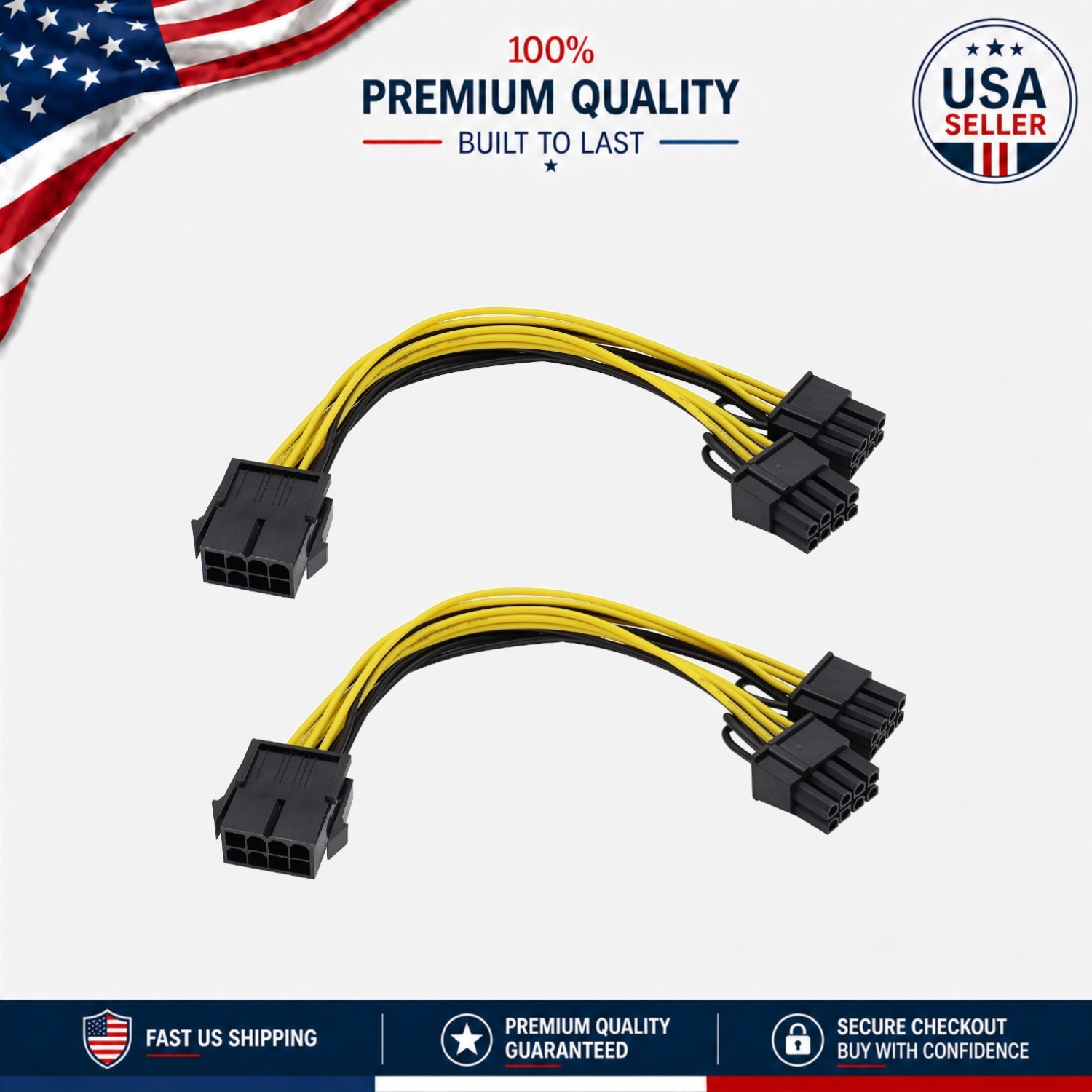 Secure 18AWG GPU Female to Dual 8Pin Male Splitter - 2-Pack | Black/Yellow