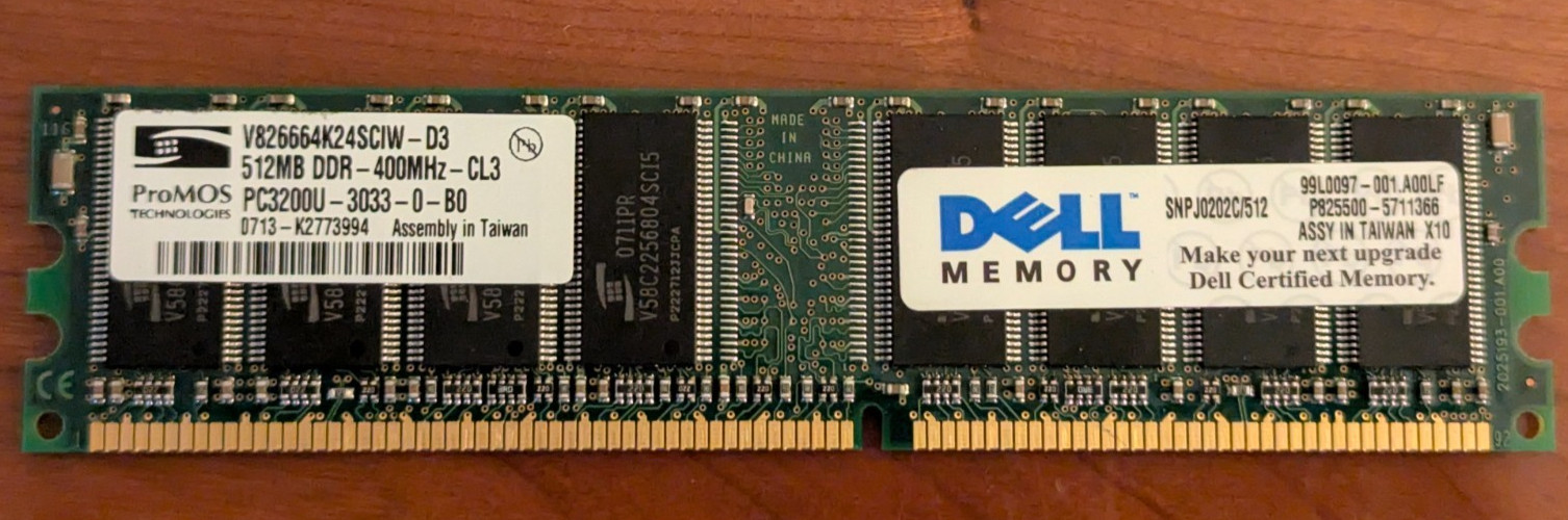 Dell ProMOS SNPJ0202C/512 512MB DDR1 PC3200 V826664K24SCIW-D3 184-Pin RAM