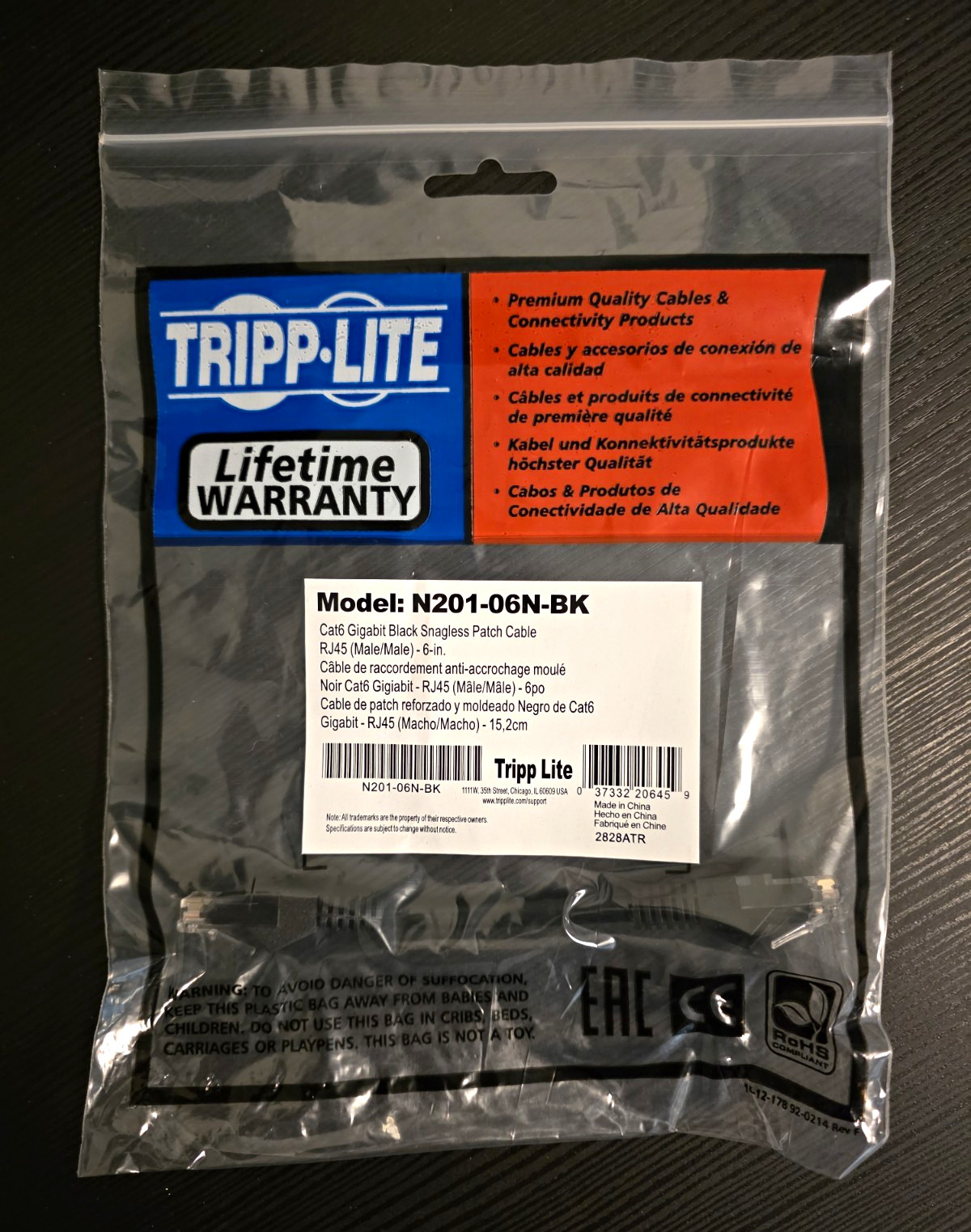 Tripp Lite Cat 6 RJ45 to RJ45 Snagless Patch Cable 6 in Black N201-06N-BK