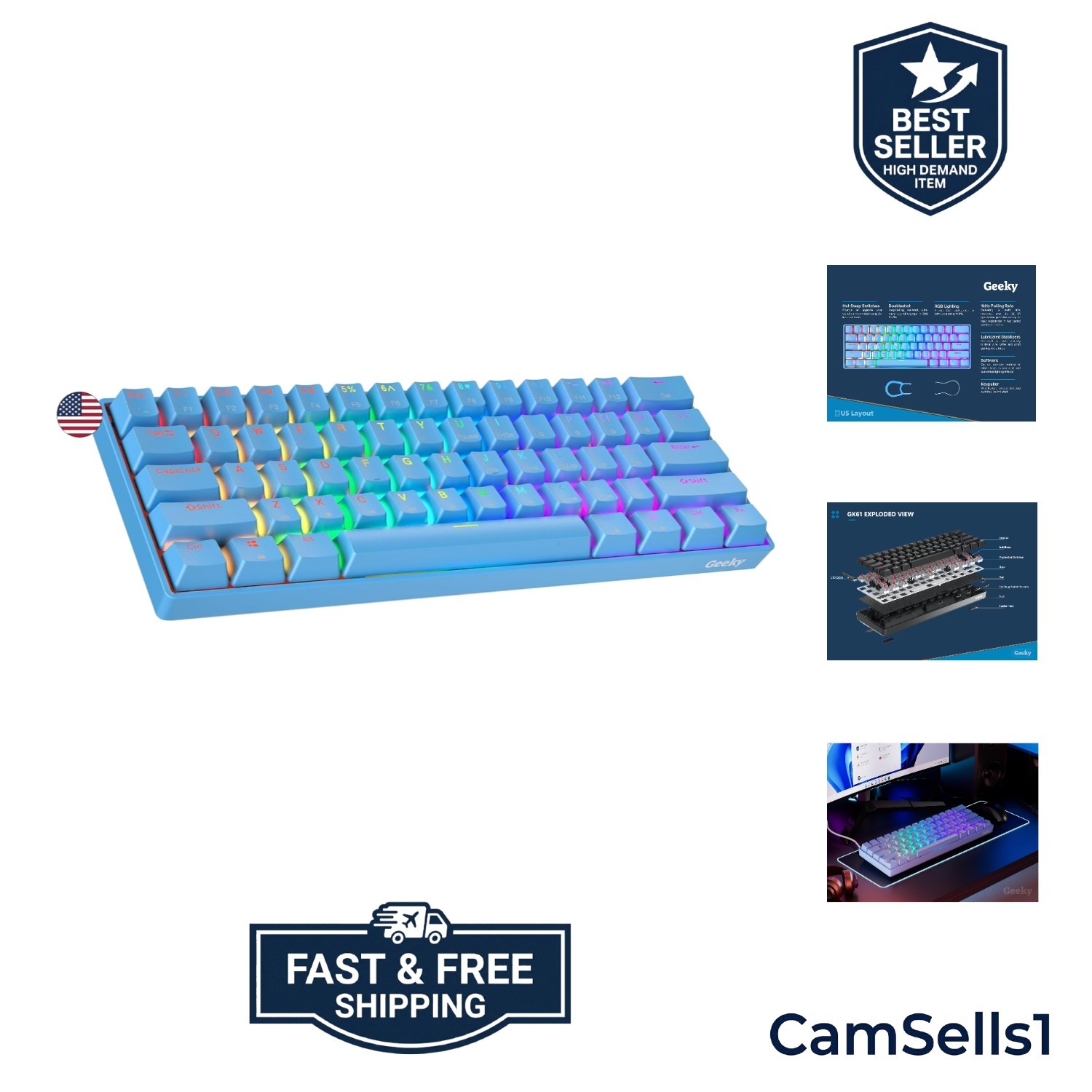 Gaming Keyboard GK61 with RGB Backlit & Hot Swappable Switches - Ideal for PCs