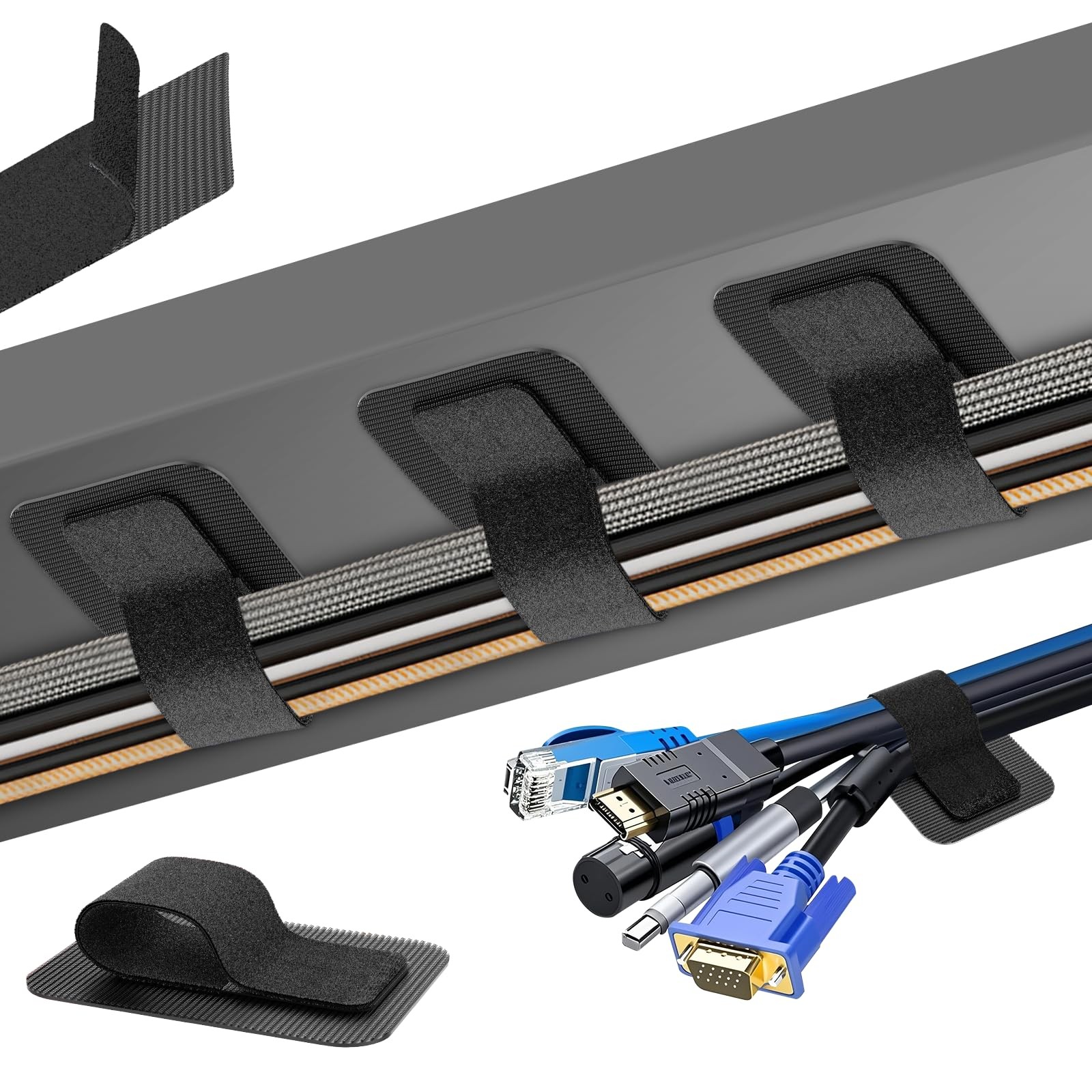 Under Desk Cable Management Kit - 40 Pieces, Adjustable, Reusable, Black
