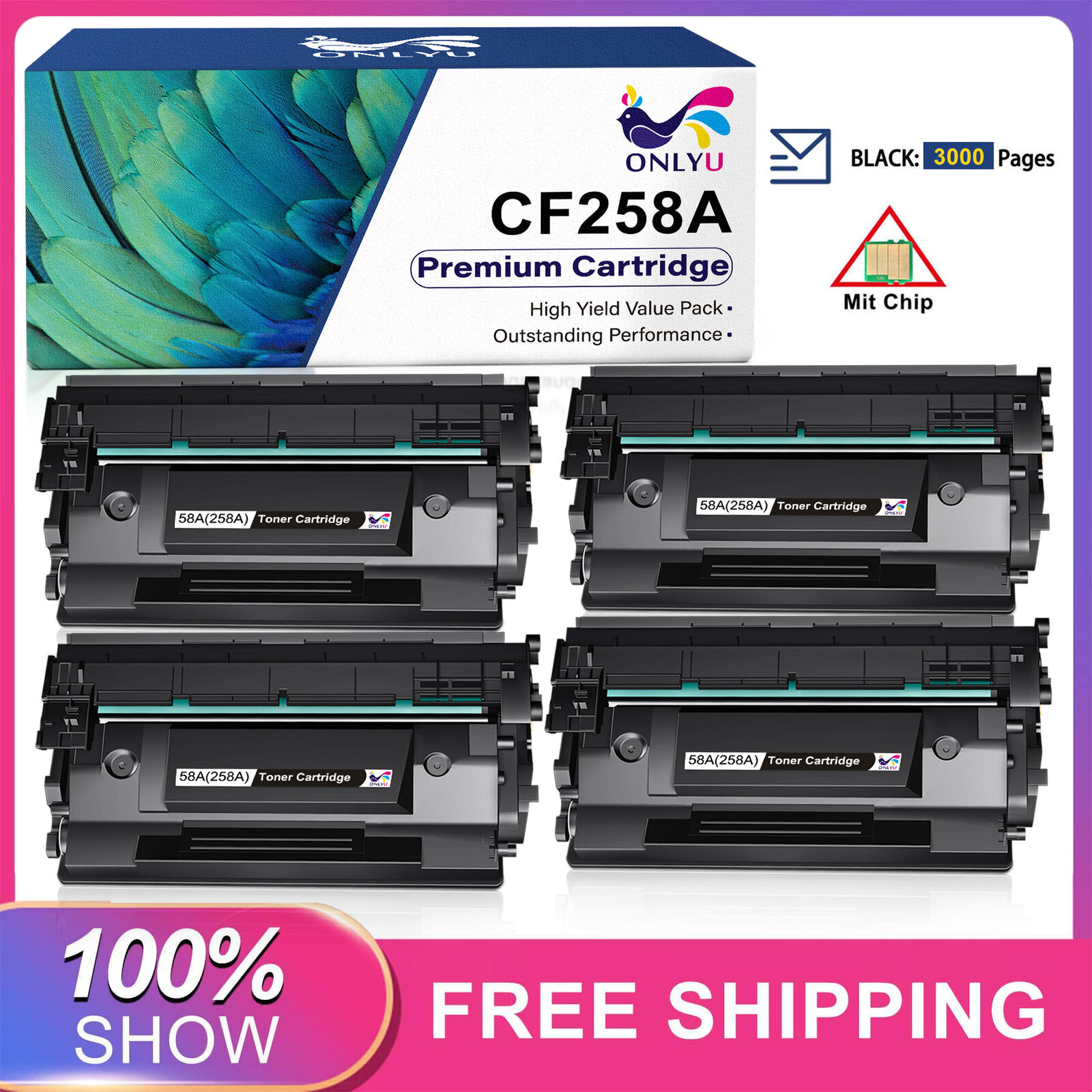 4-Pack CF258A With Chip Toner Cartridge replacement for HP LaserJet M404dn M304