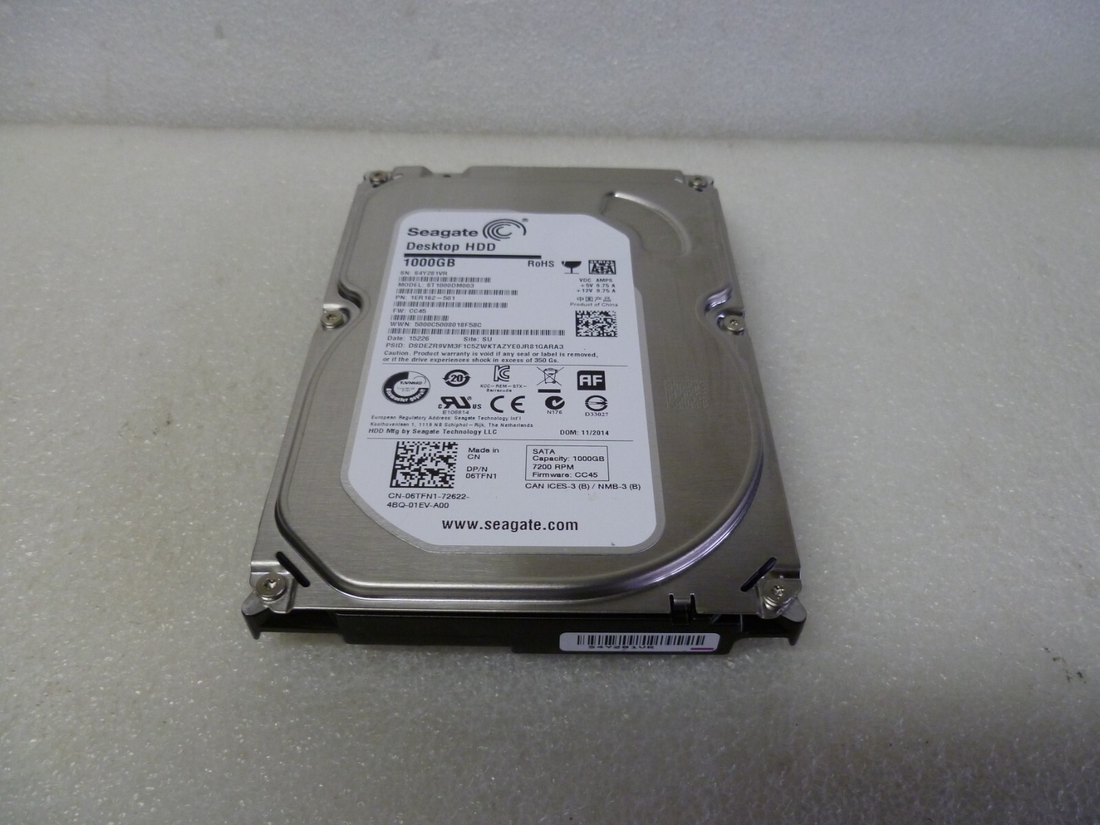 SEAGATE ST1000DM003 1TB SATA HARD DRIVE P/N:1ER162-501 F/W: CC45