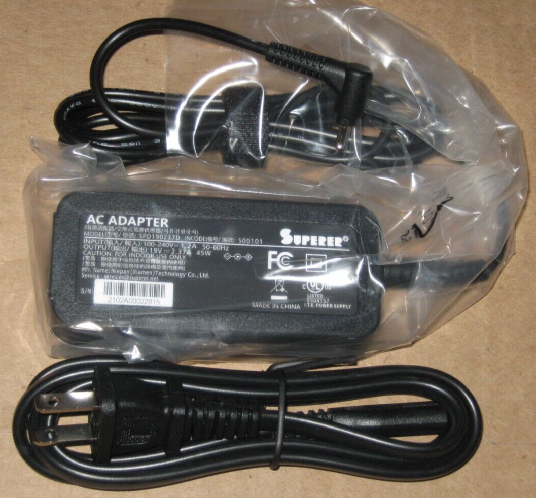 Superer AC Laptop Adapter, Model SPD190237D - 19V 2.37A 45W, Pinpoint Plug, Acer