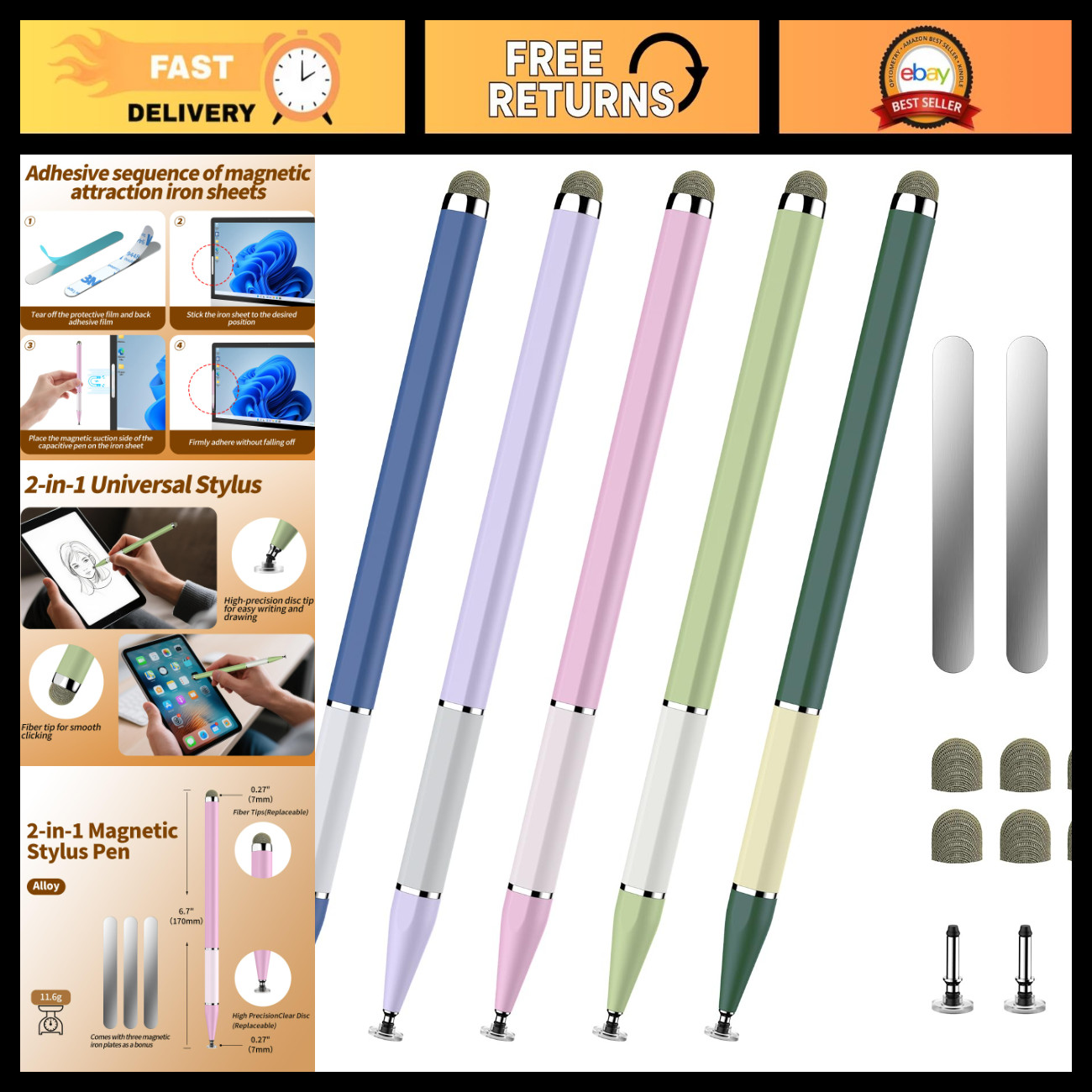 5PCS 2-in-1 Magnetic Touchscreen Stylus Pen Set, Universal for Tablets & Phones