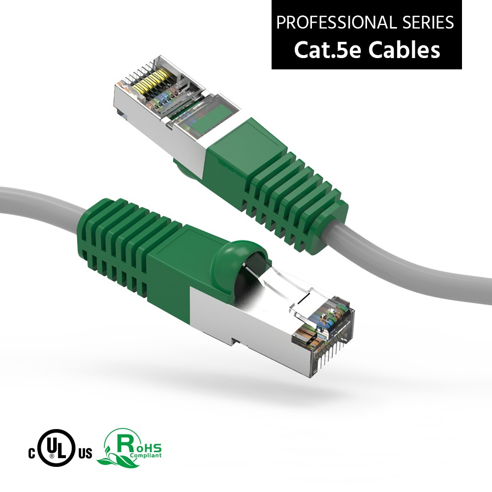 50Ft CAT5E Shielded Crossover Cable Gray Wire/Green Boot
