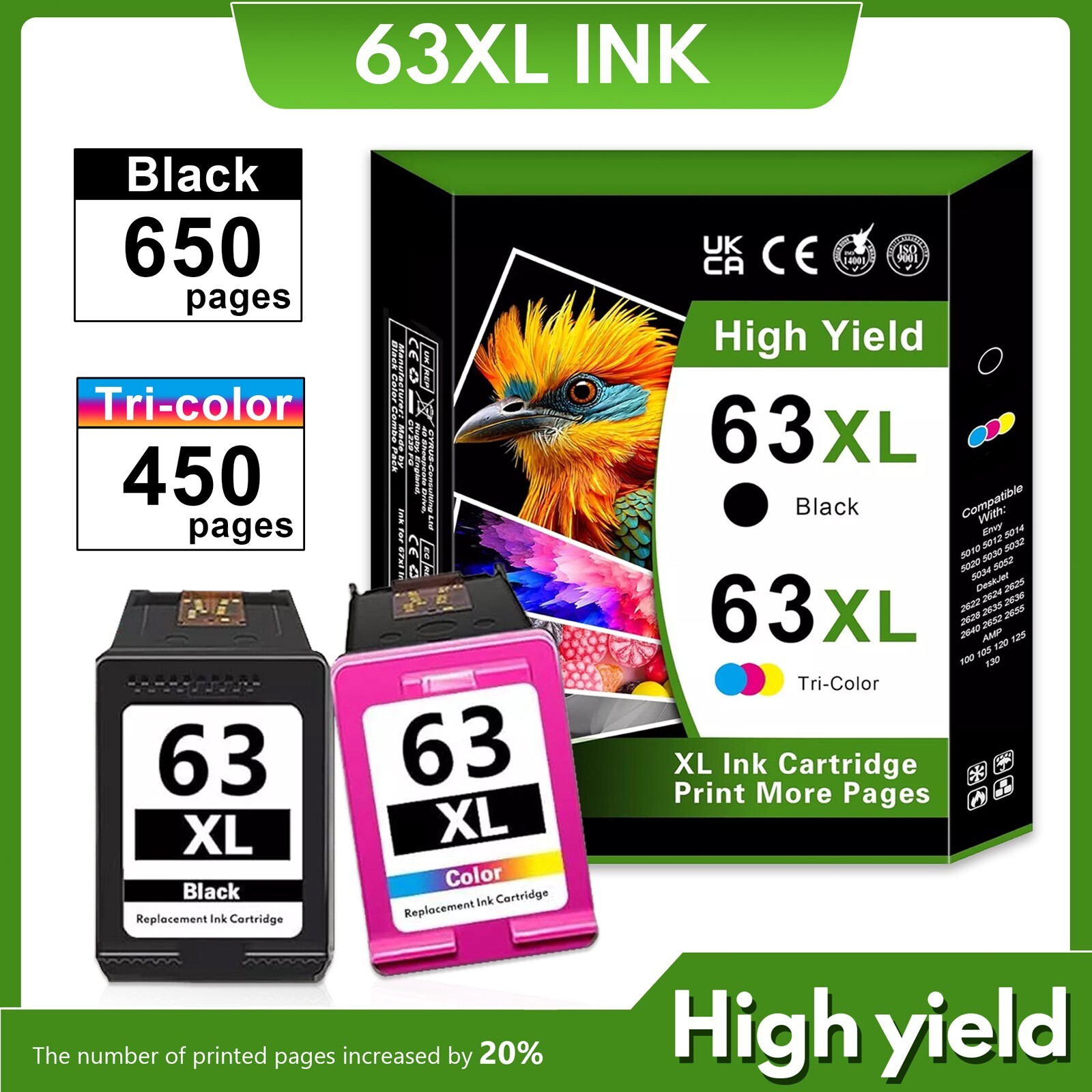 63XL 63 Ink Cartridge Combo 2Pack ( Black/Tri-Color) For OfficeJet 3830 4520