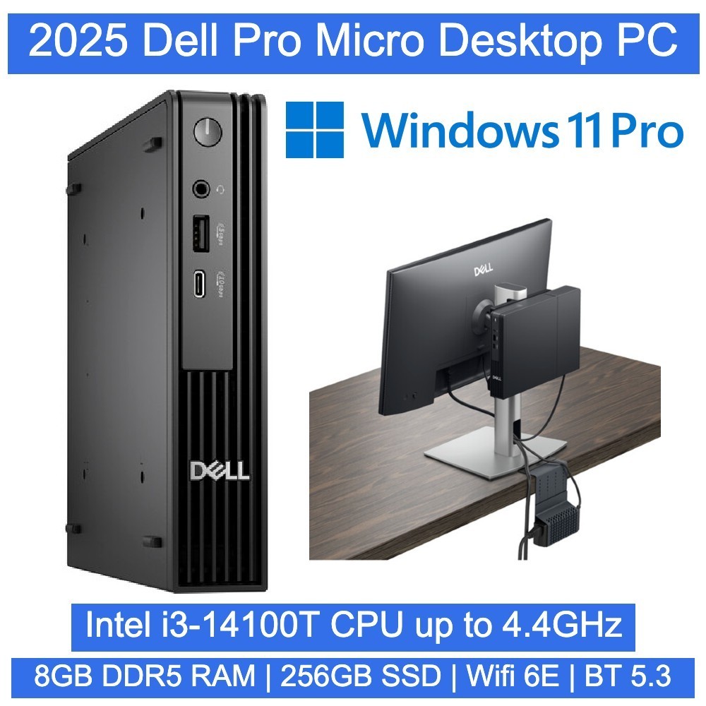 2025 Dell Pro QCM1250 Micro Desktop Intel i3-14100T 8GB 256GB SSD Windows 11 Pro