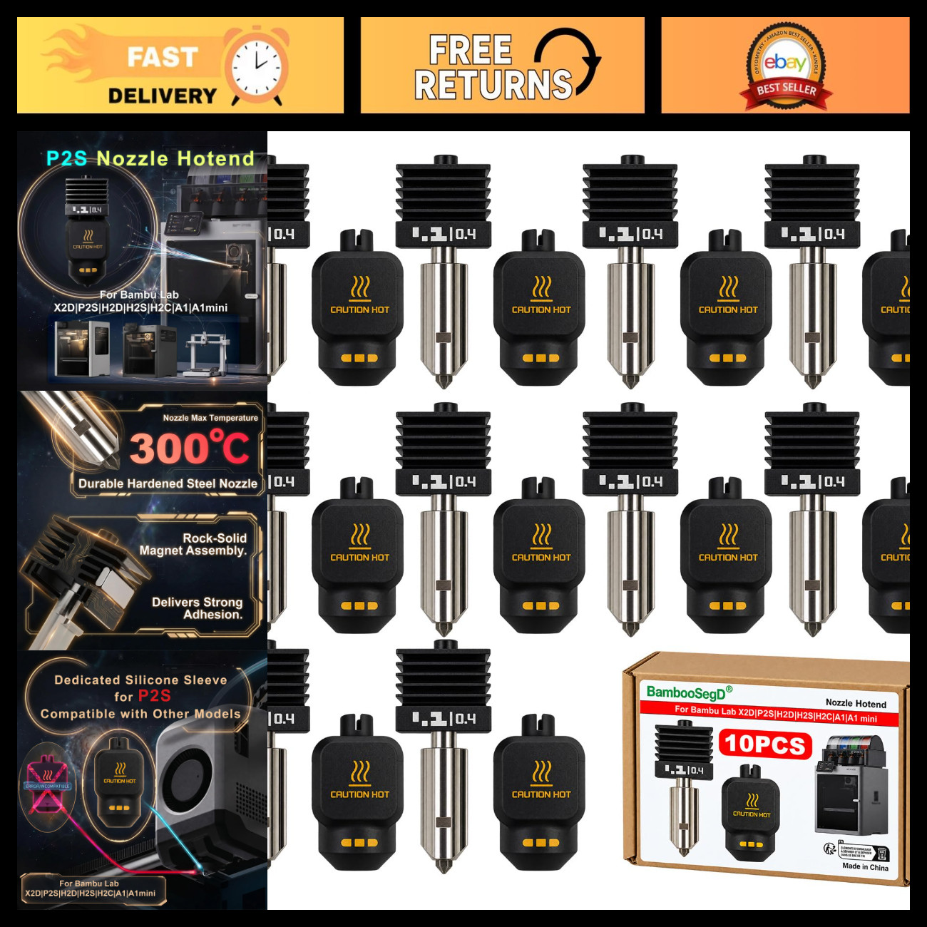 10pcs 0.4mm Hotend Nozzle Kit for 3D Printers - Hardened Steel Replacement Parts
