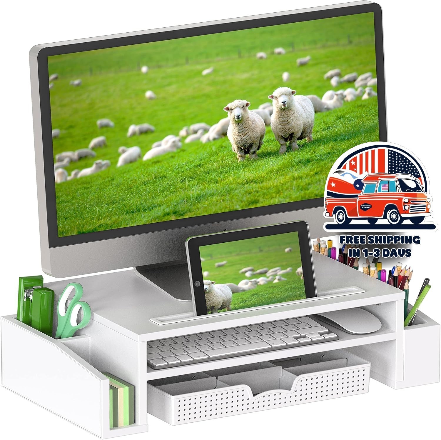 Soporte Elevador Para Monitor De Escritorio Con Bandeja Organizadora Ajustable