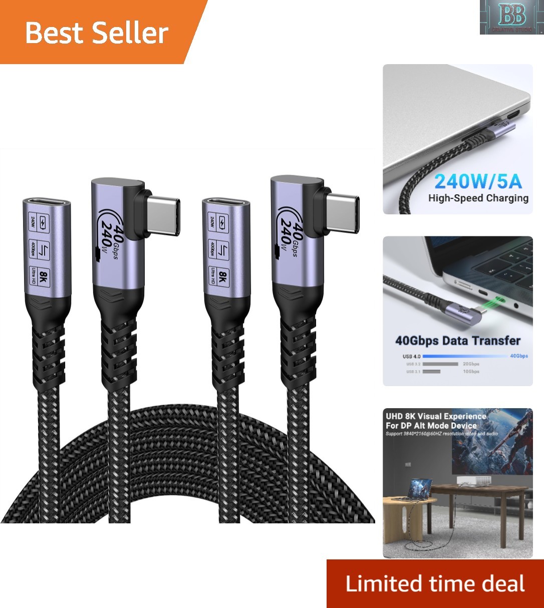 High-Speed USB C 6.6FT Extension Cable - 240W with Right Angle Design (2-Pack)