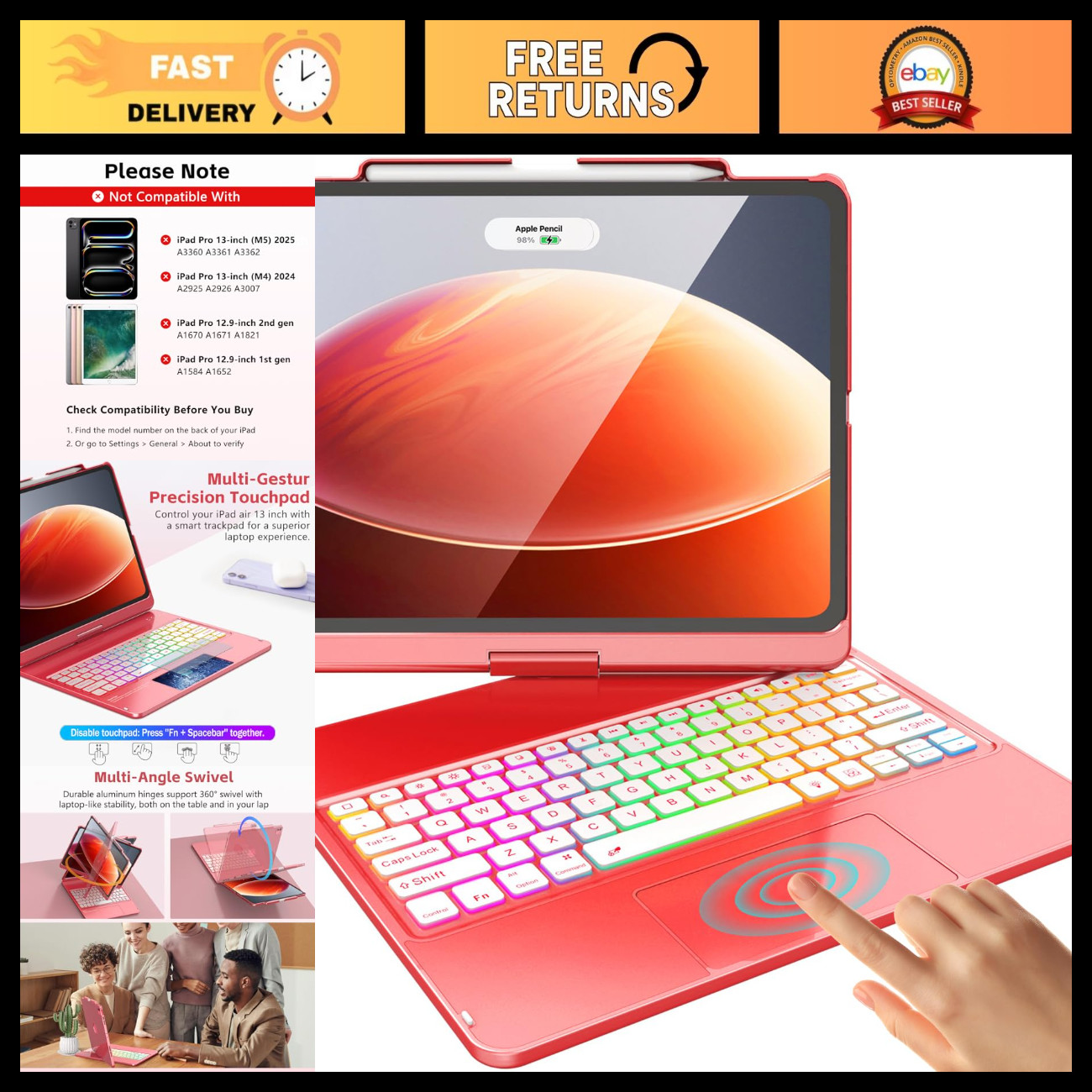 360° Rotating iPad Air 13" & Pro 12.9" Case with Keyboard - Red, Slim & Stylish