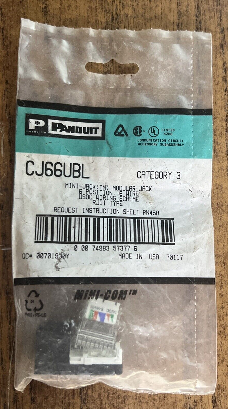 PANDUIT - Min-Com Mod - Cat 3 Jack - USOC - Black - CJ66UBL
