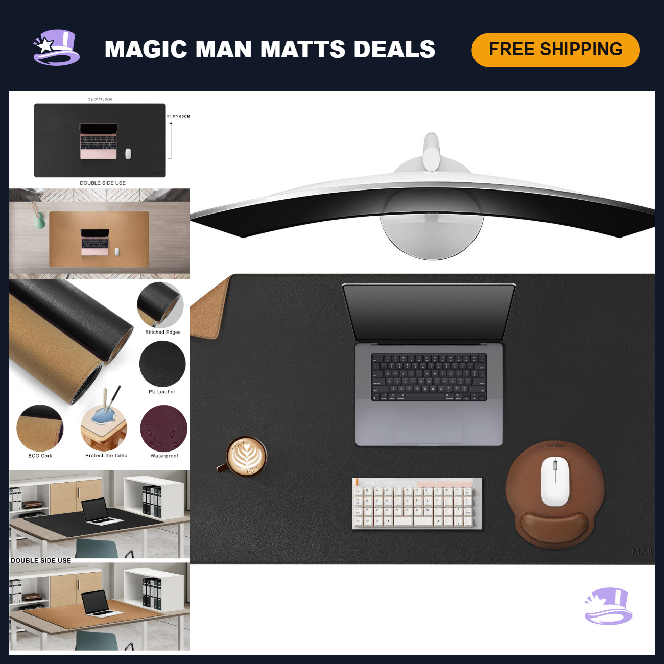 40” x 24” Leather Desk Mat - XL Reversible Cork & Leather Mouse Pad, Waterproof