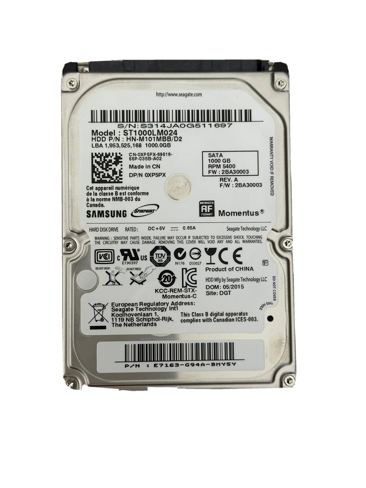 SAMSUNG ST1000LM024, HN-M101MBB/D2, F/W 2BA30003, Samsung 1TB SATA 2.5 HD