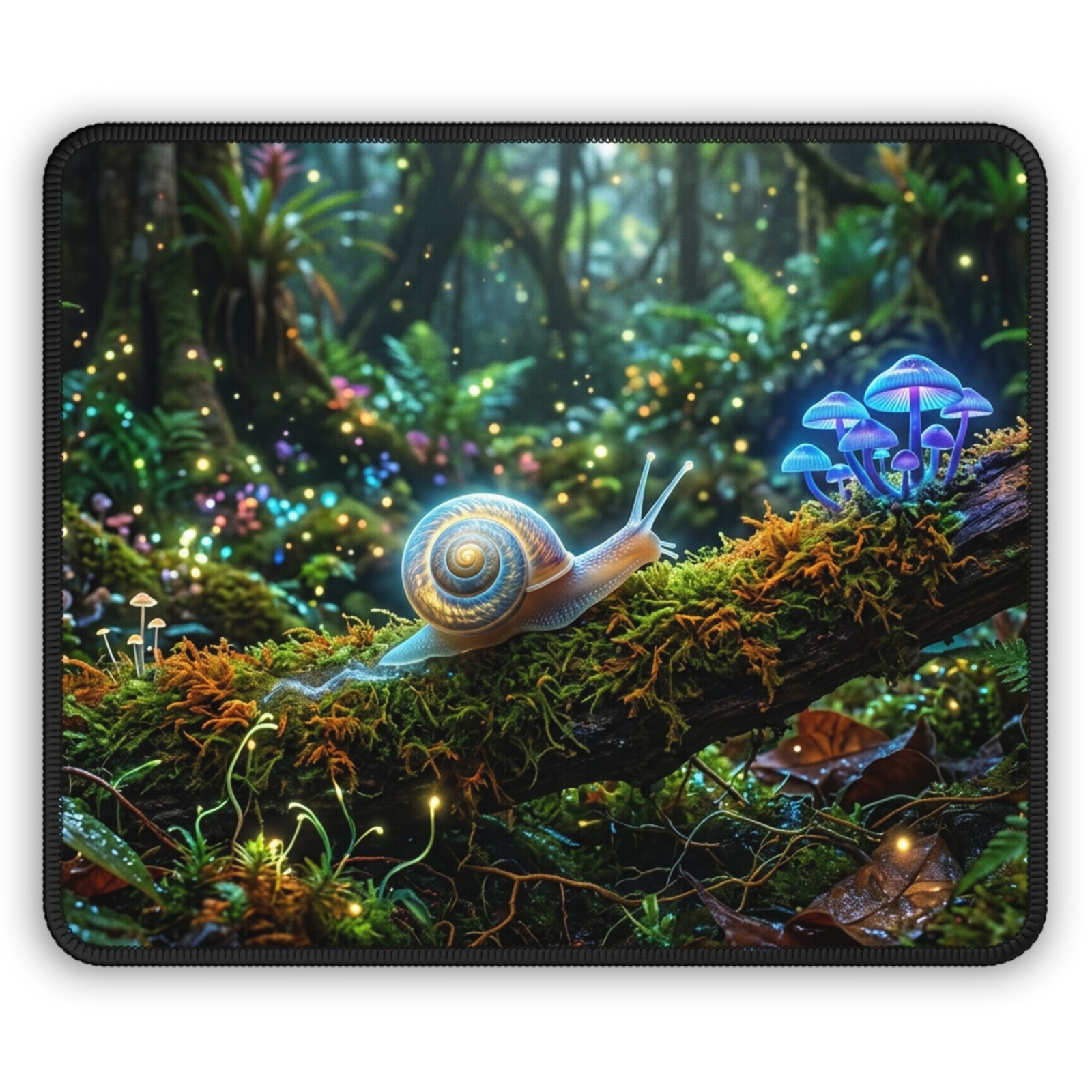 Glowing Snail Forest Gaming Mouse Pad | Fantasy Mushroom Moss Scene