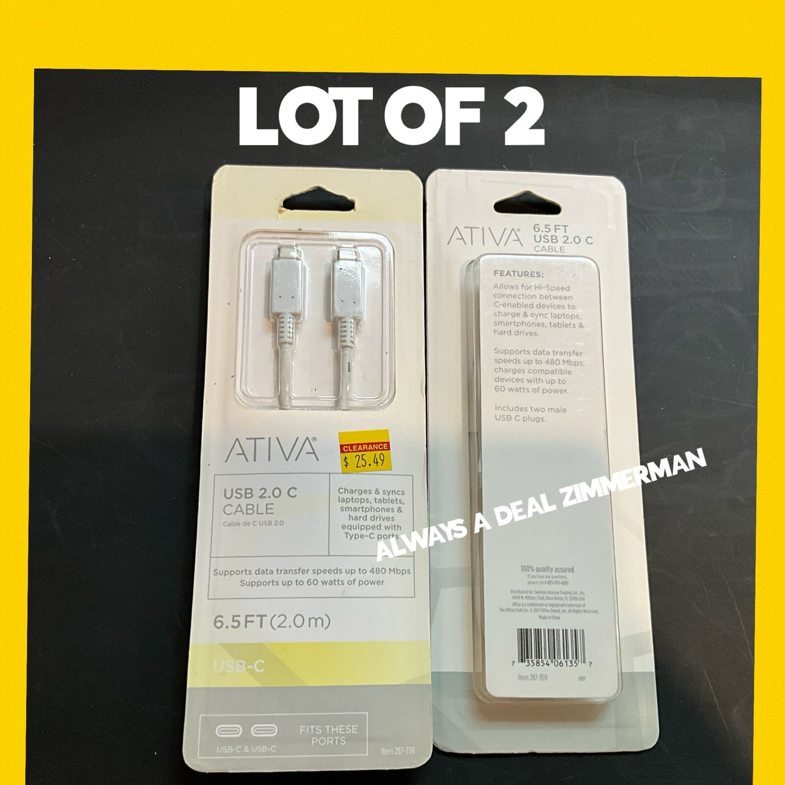 ATIVA USB 2.0 C - Charging CABLE X 2 SYNC Data Transfer Cable 6.5ft White USB-C