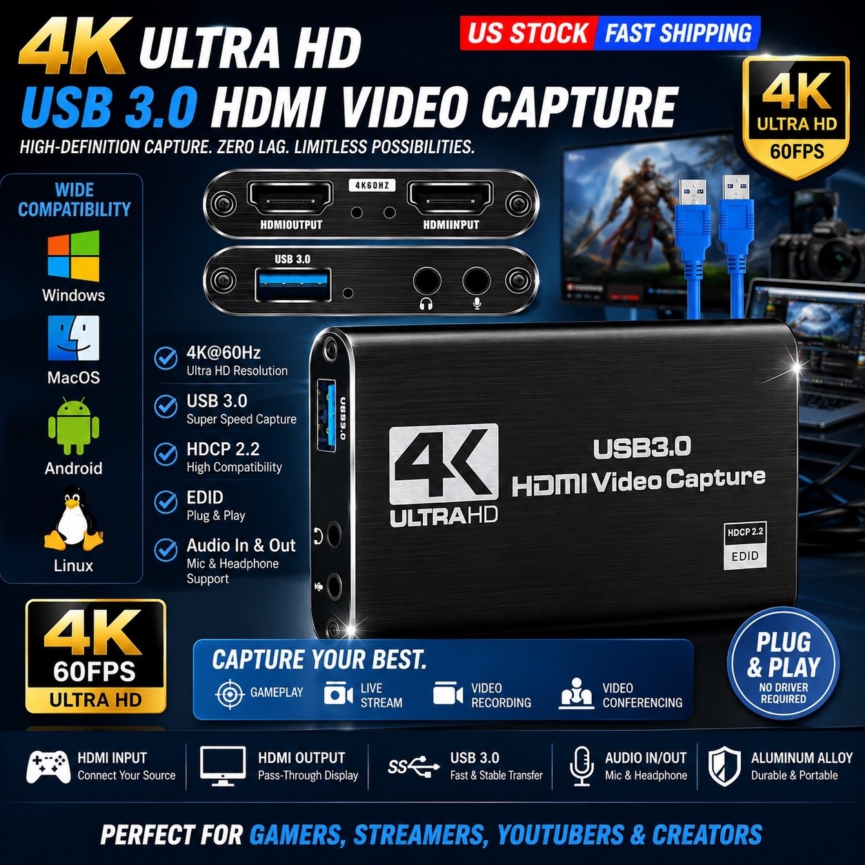 4K Audio Video Capture Card USB 3.0 HDMI Video Capture Device Full HD Recording