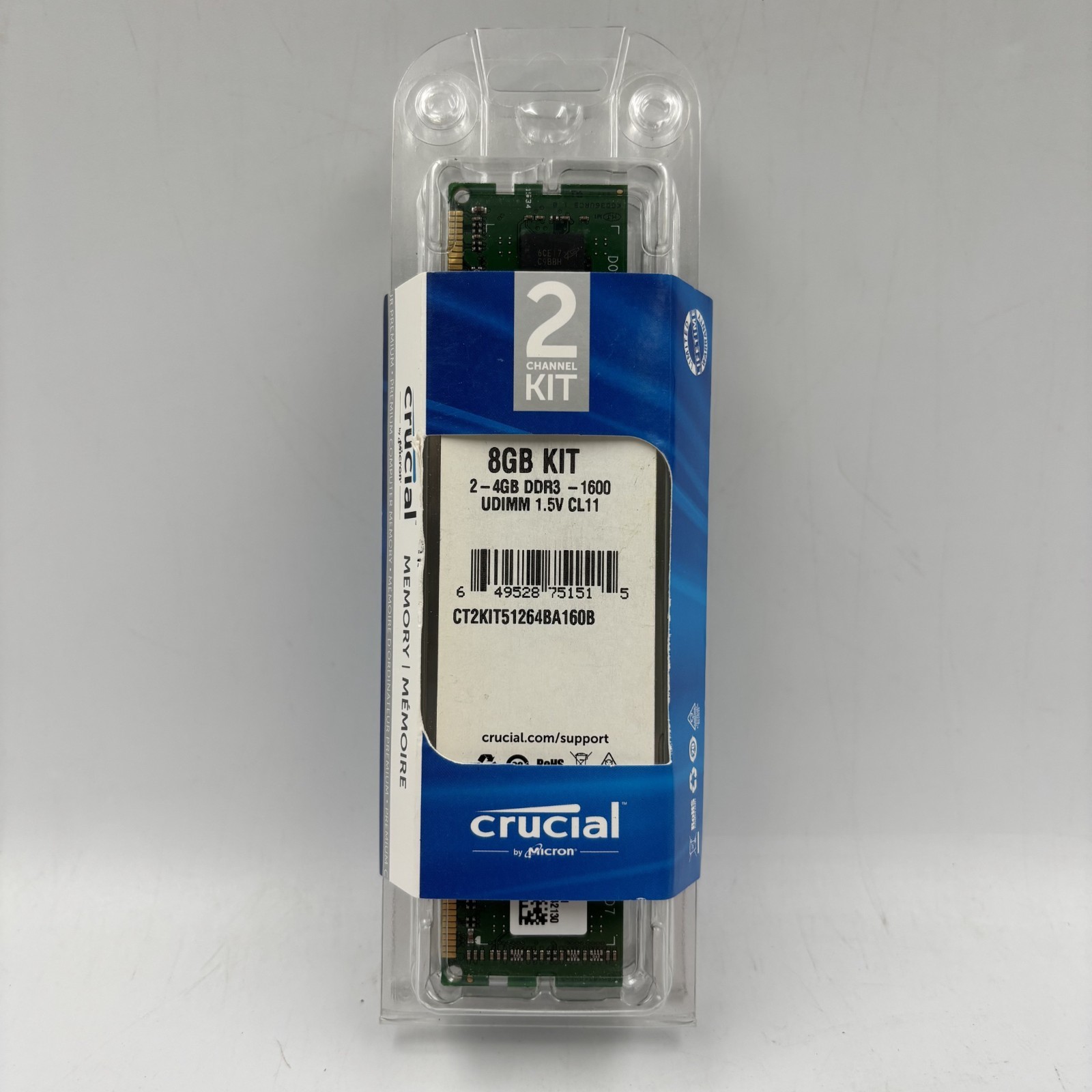 Crucial 8 GB UDIMM 1600 MHz PC3-12800 DDR3 SDRAM Memory New (CT2KIT51264BA160B)