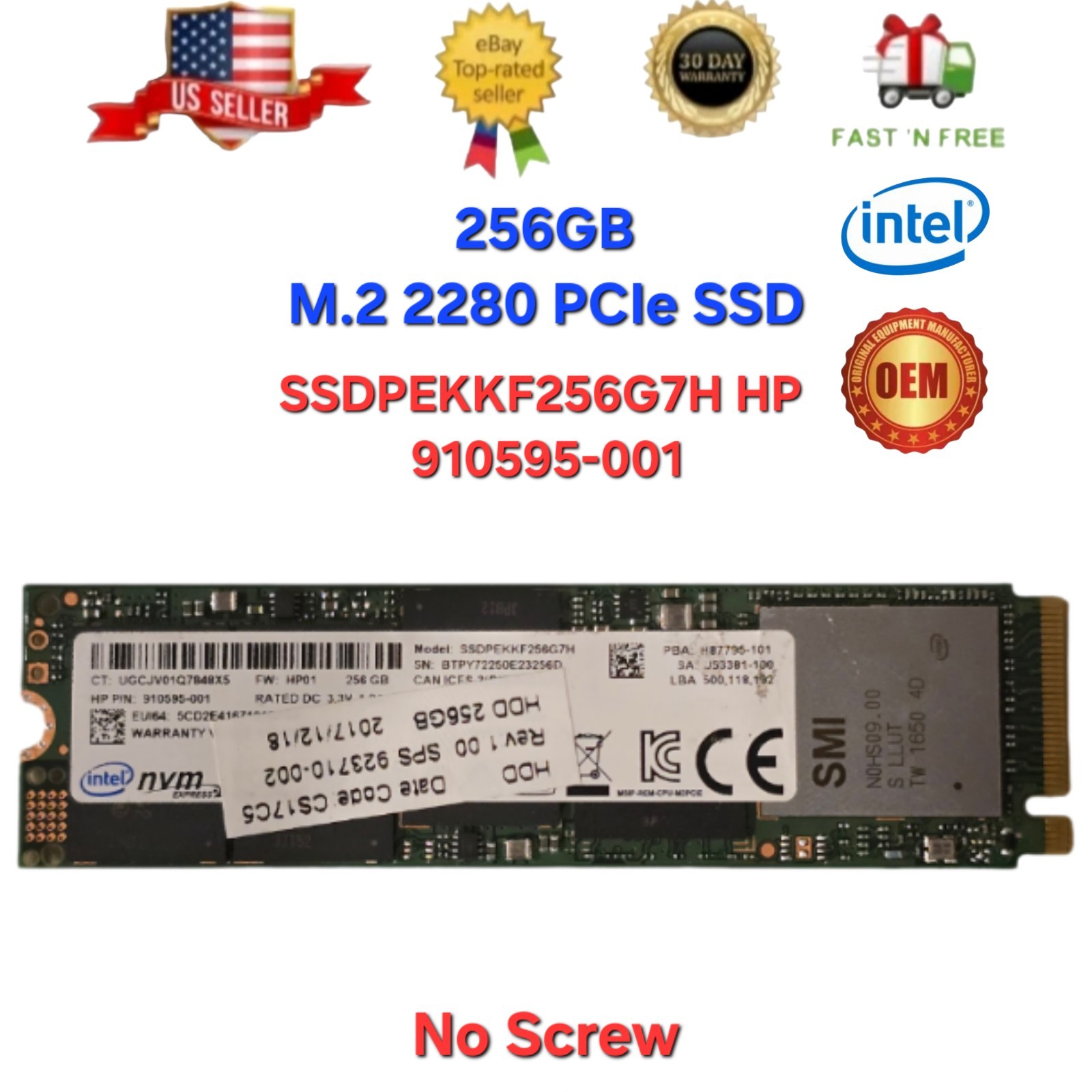 Intel NVMe 256GB M.2 2280 PCIe SSD SSDPEKKF256G7H HP OEM | 910595-001
