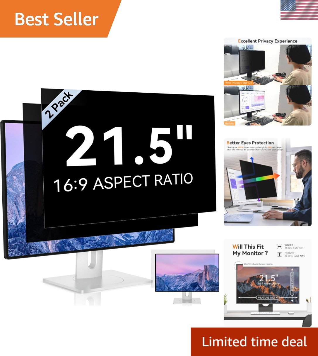 2-Pack 21.5 Inch Matte Anti-Glare Monitor Privacy Filter for Confidentiality