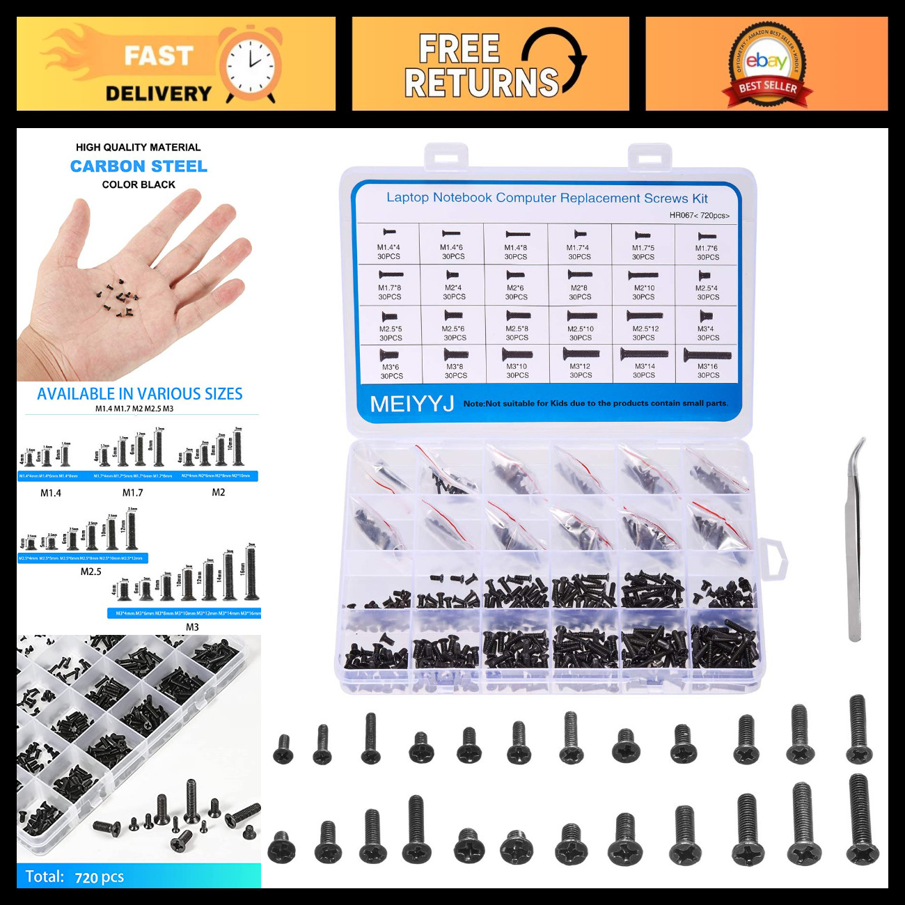 720pcs Laptop Screws Set - M1.4, M1.7, M2, M2.5, M3 Flat Head Phillips Kit for R