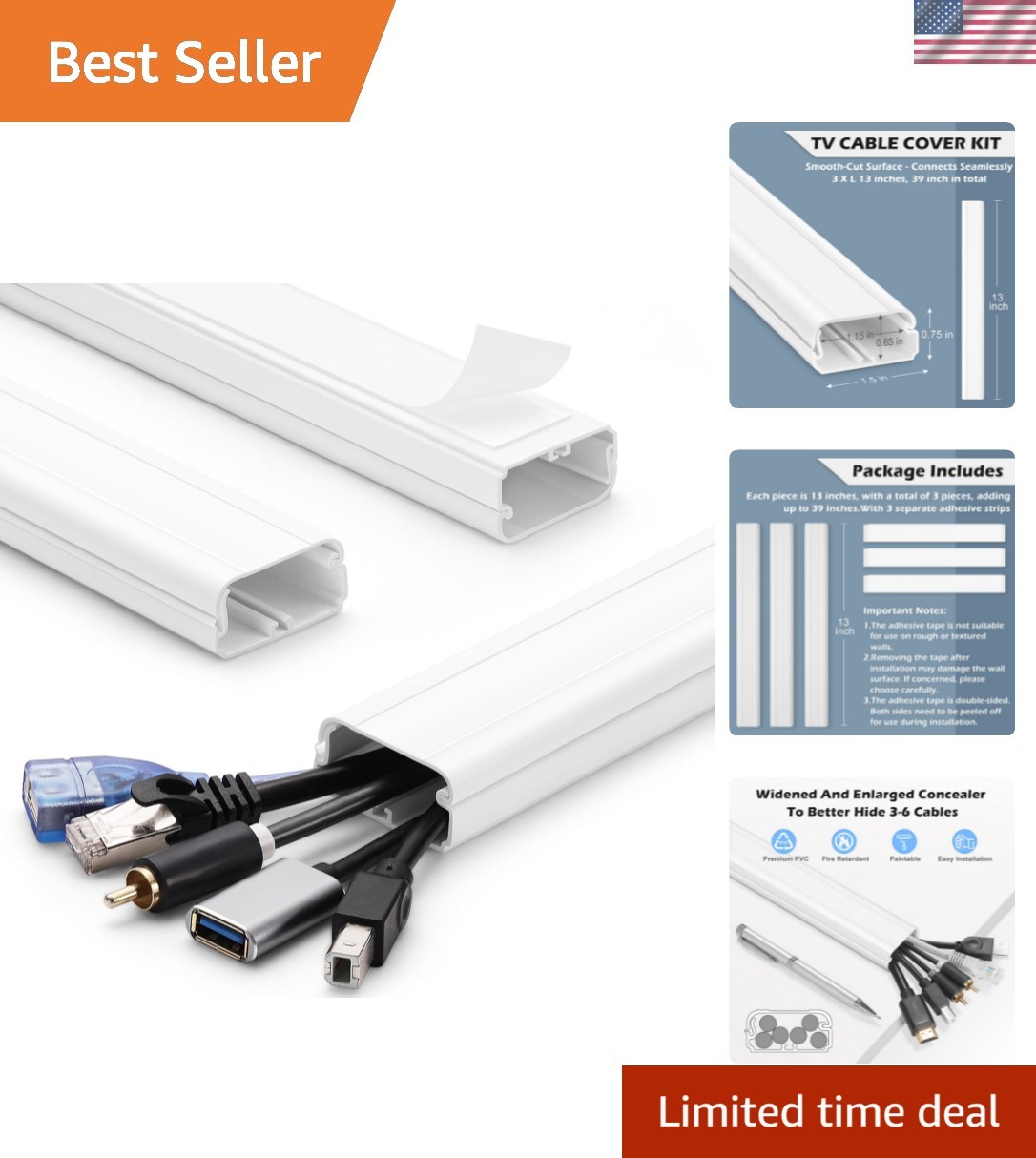 Large Capacity 39in Cord Concealer for Wall-Mounted TVs - Quick Installation