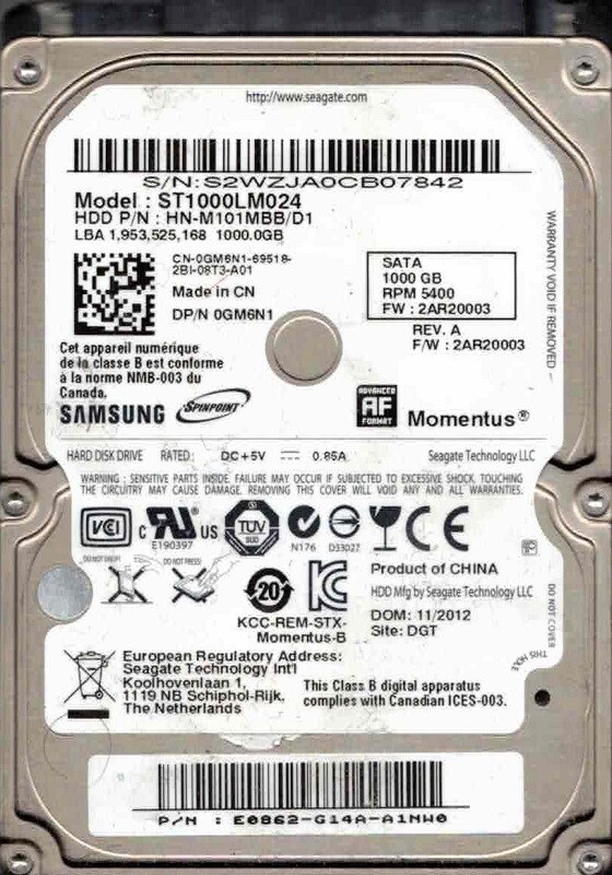 Samsung ST1000LM024 P/N: HN-M101MBB/D1 F/W: 2AR20003 1TB Seagate