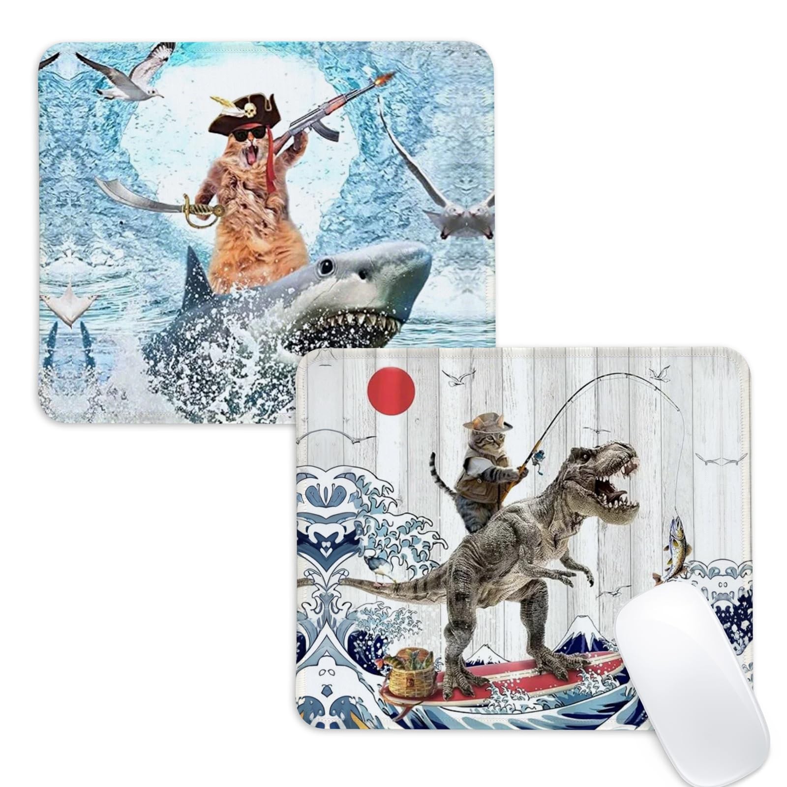 2pcs Dinosaur and Cat Square Mouse Pad with Non-Slip Rubber Base,Home Office Dec