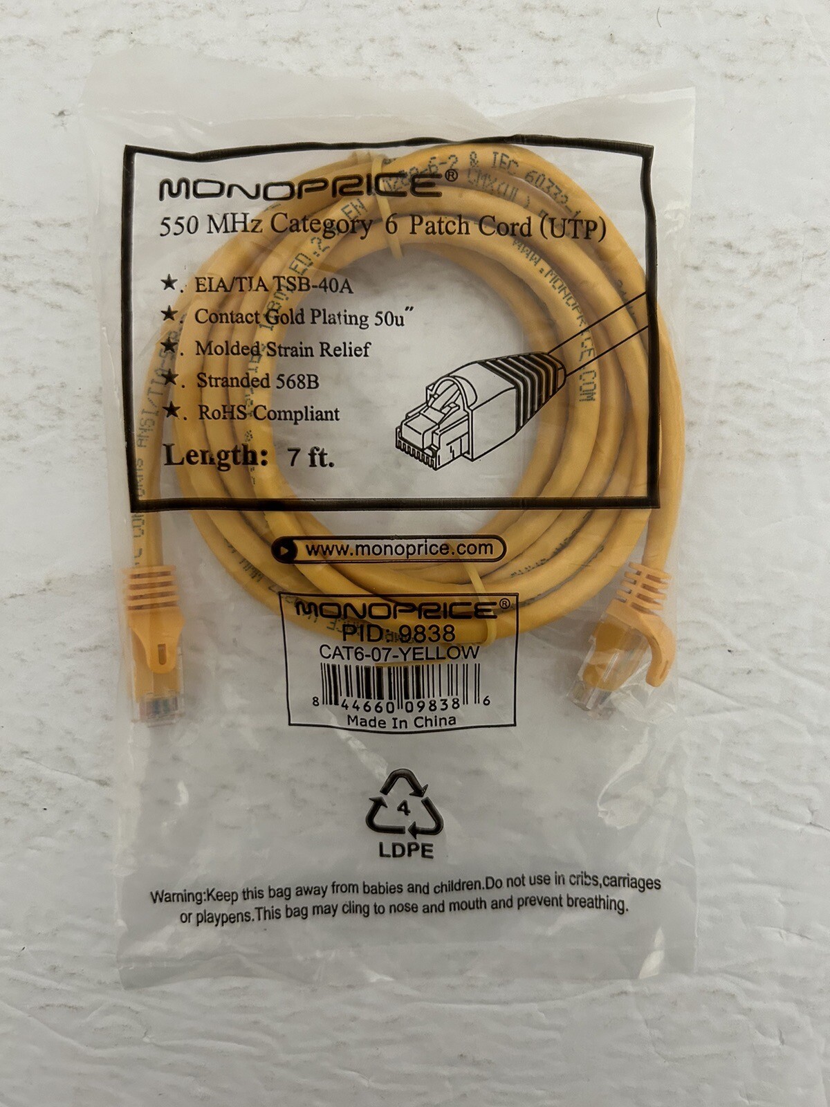 Monoprice 550 MHz Category 6 Patch Yellow Cord (UTP) 7 ft 9838
