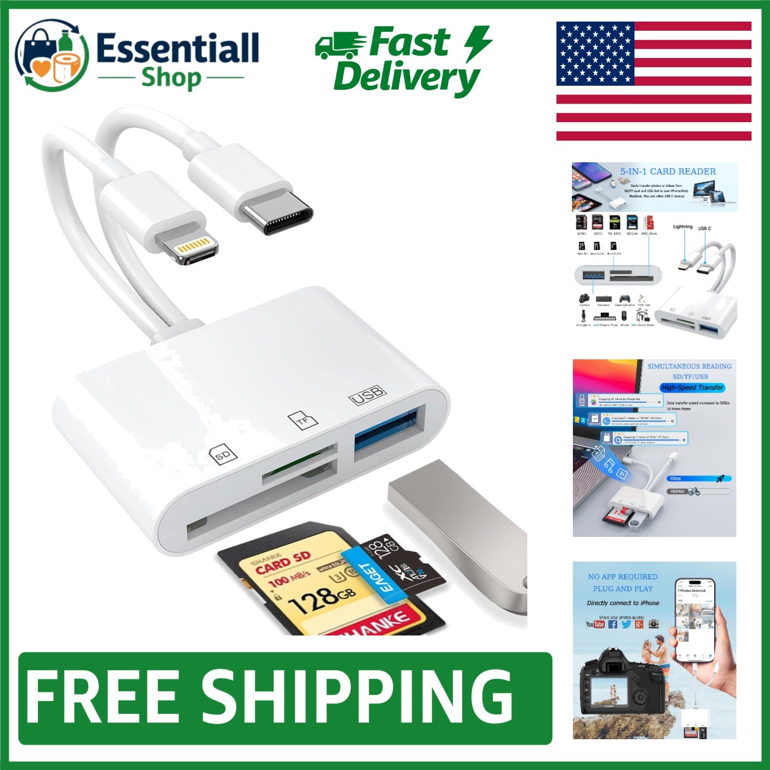 Compact USB C Dual Port Card Reader for Quick Transfers - iOS & Mac Compatible