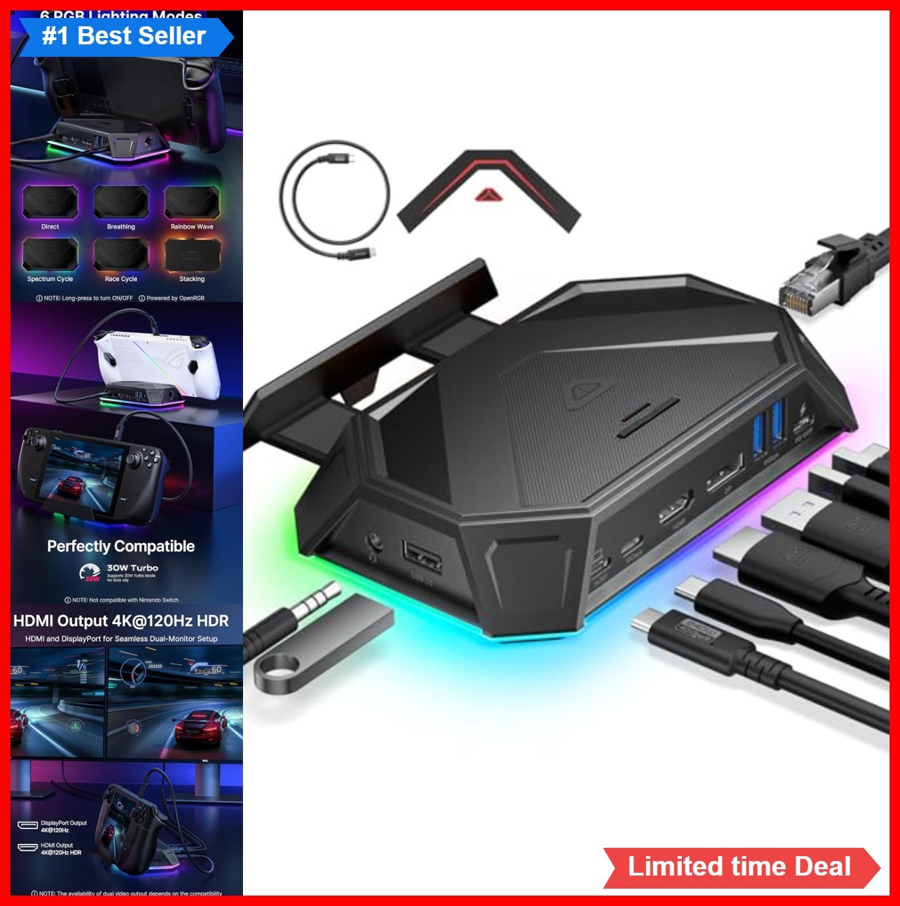 12 in 1 RGB Docking Station 4K 120Hz HDMI DisplayPort 100W PD USB 3.2 Gigabit