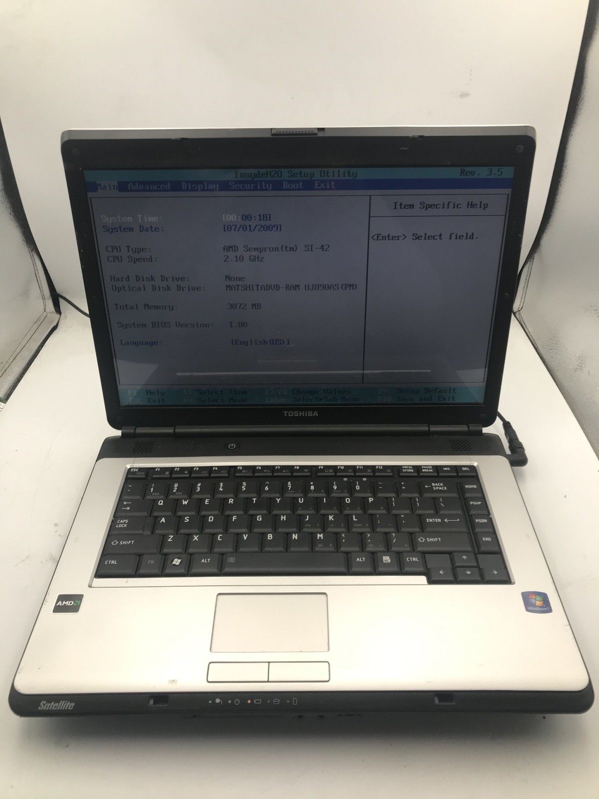 TOSHIBA SATELLITE L305D S5974 - BOOTS TO BIOS - AMD SEMPRON - 3GB RAM - READ -BB