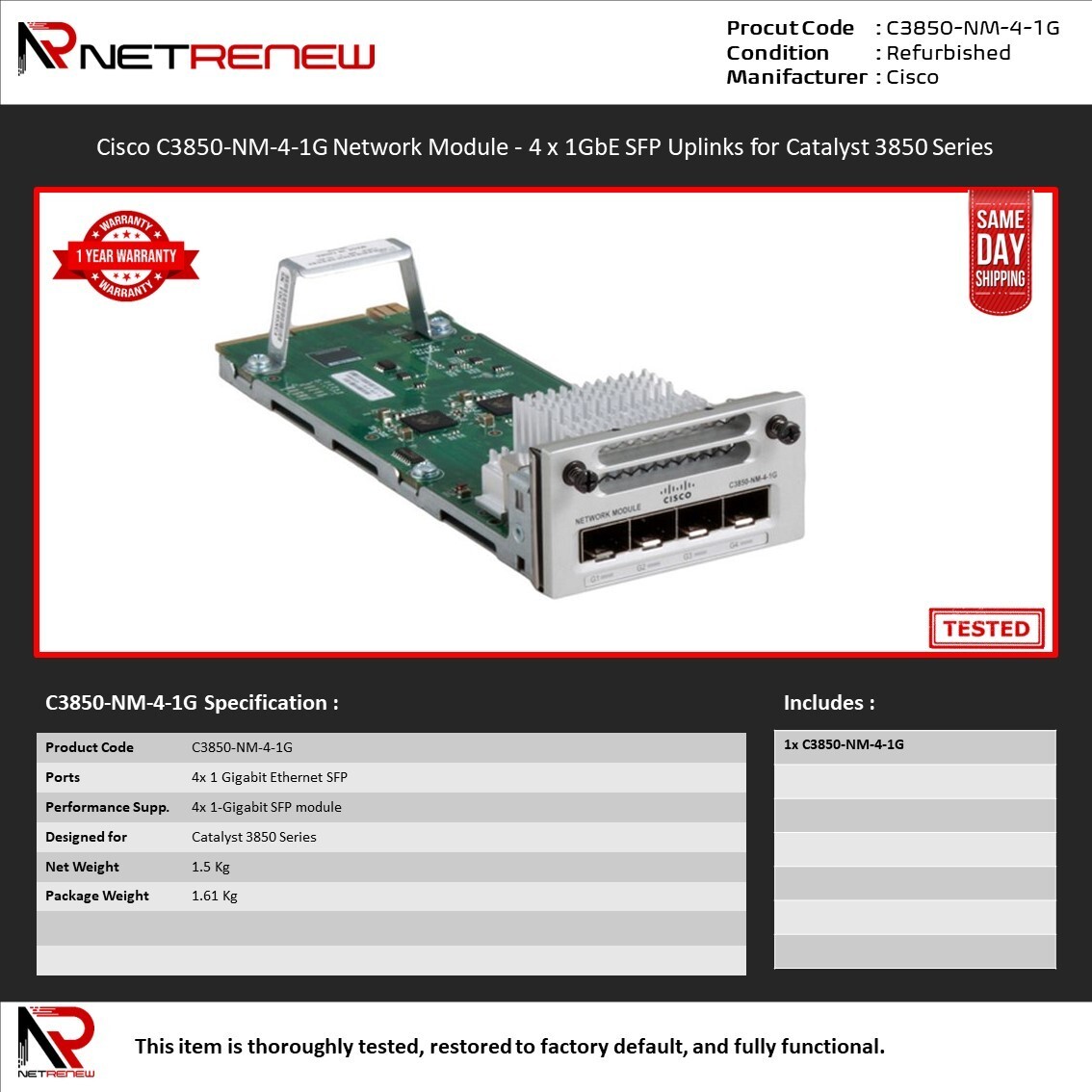 Cisco C3850-NM-4-1G Network Module - 4 x 1GbE SFP Uplinks for Catalyst 3850