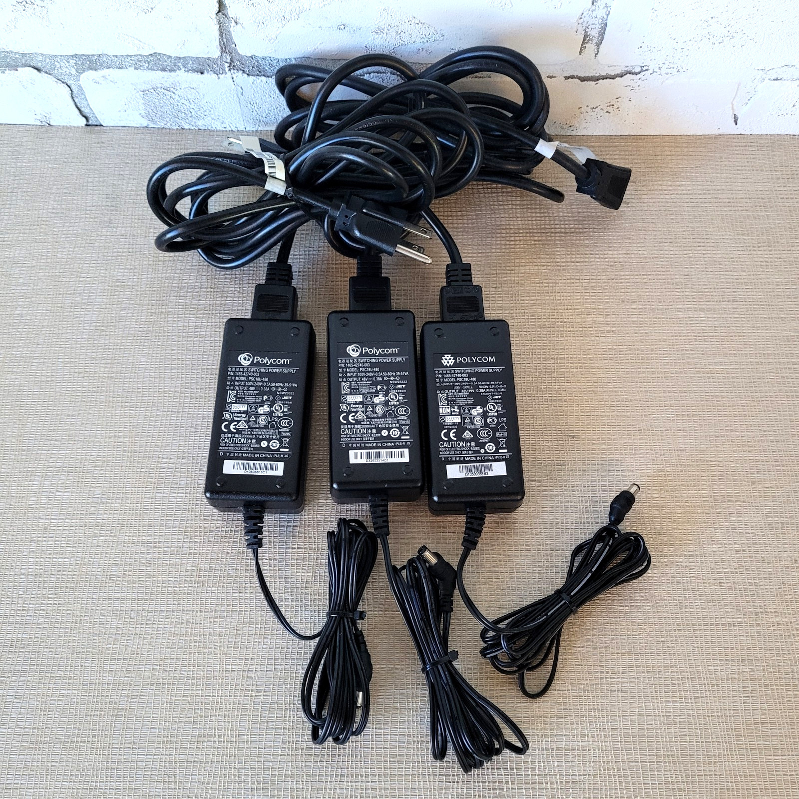 3 Polycom PSC18U-480 VOIP IP Phone AC Adapter 48V 0.38A w/Power Cord