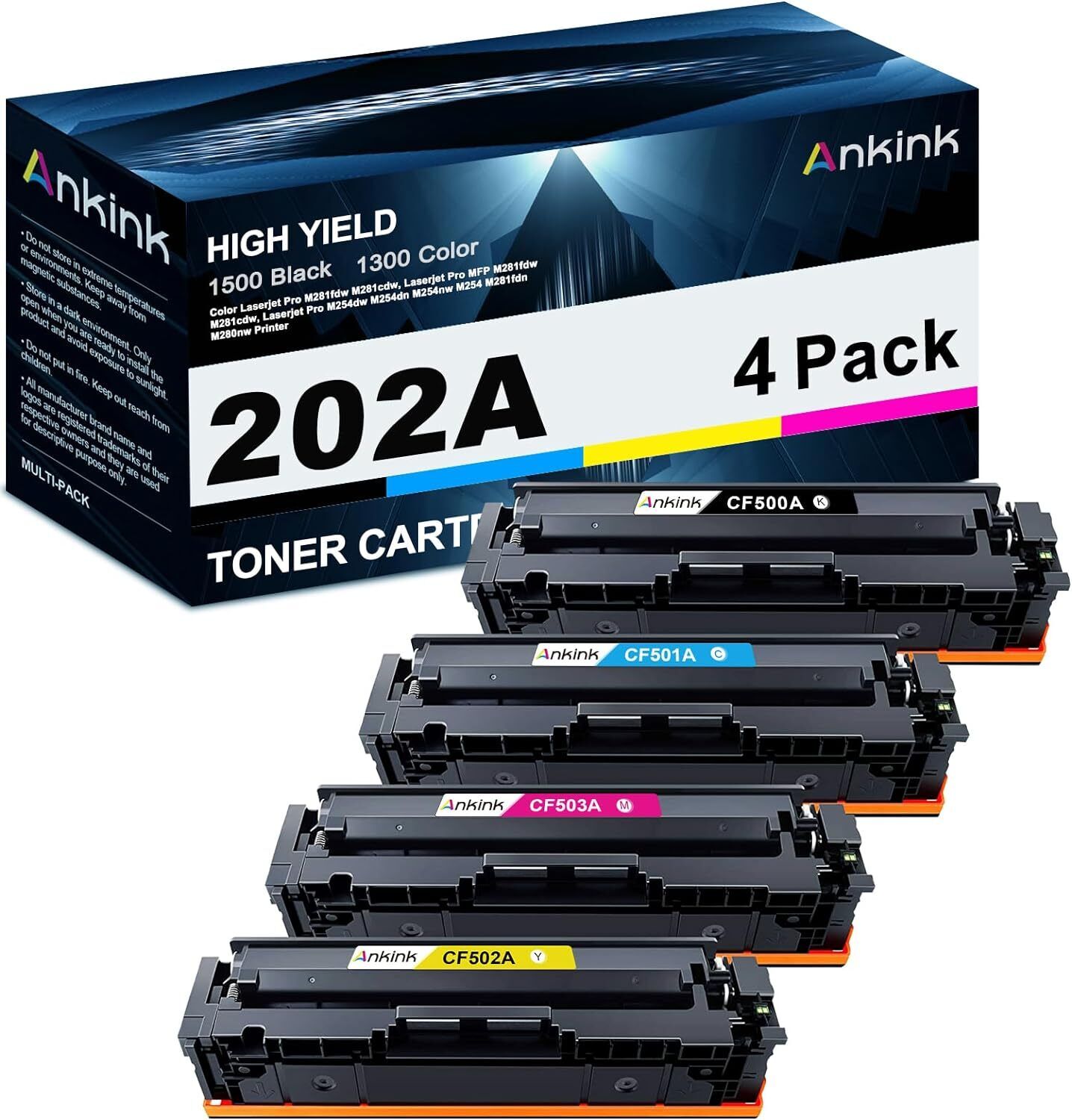 4 PK CF500A 202A Toner High Yield For HP Color LaserJet Pro M281fdw M254dw 202X
