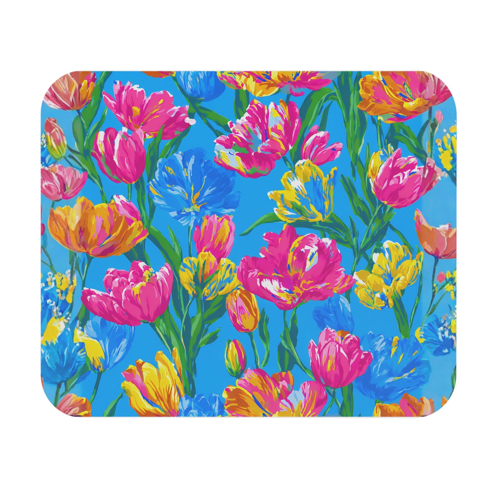 Bright Tulip Floral Mouse Pad | Colorful Spring Flowers on Blue Background